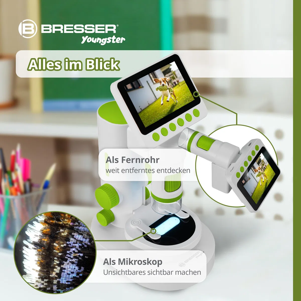 Bresser Youngster Microscopio digitale LCD per bambini, display da 3,5", ingrandimento 11,4x-129,8x, foto 4K, video Full HD, microscopio portatile e da tavolo, batteria