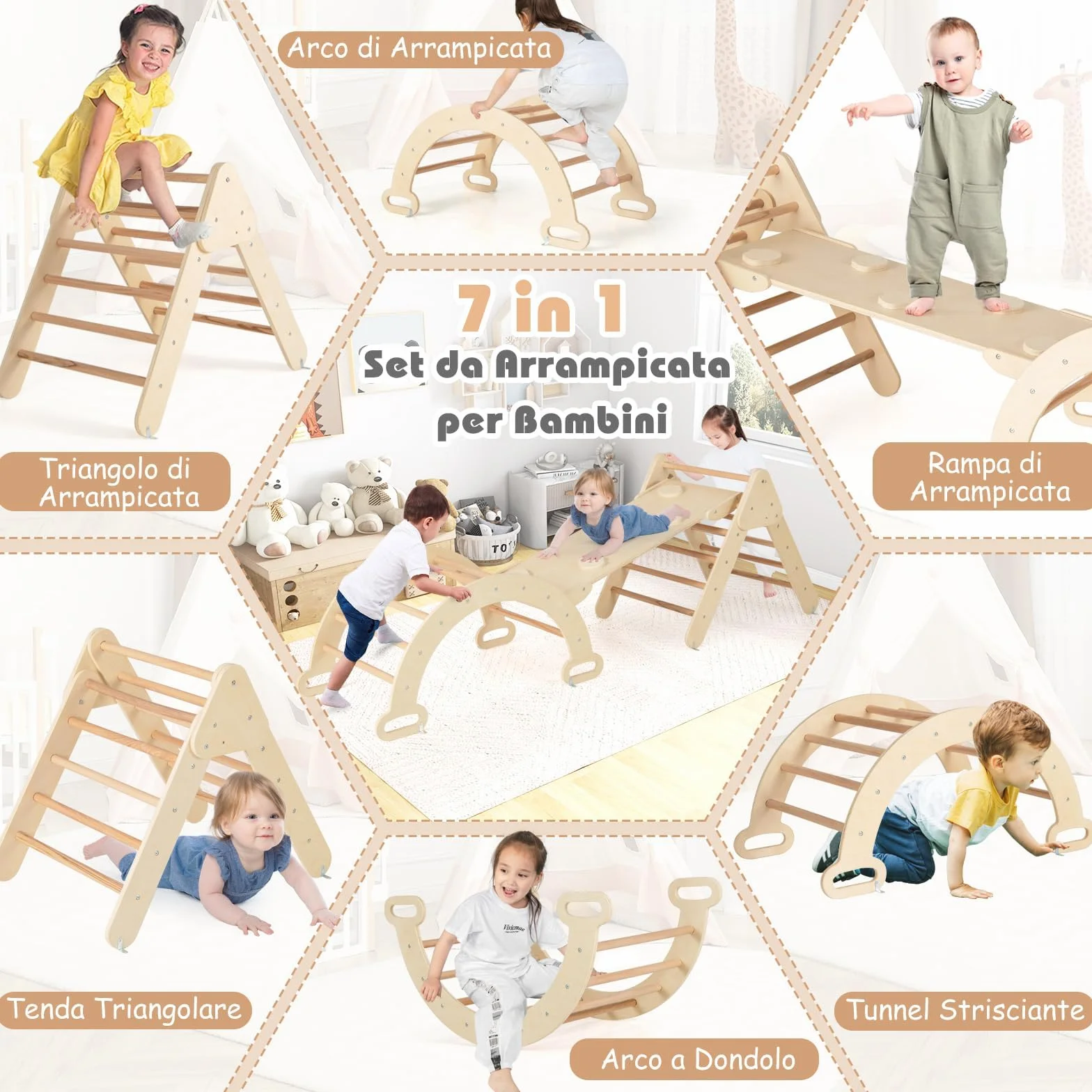COSTWAY 4 in 1 Set da Arrampicata per Bambini, Giocattoli da Arrampicata a Triangolo con Triangolo Arco e Salita, Ideale per Bambini 1 Anni + (Naturale)