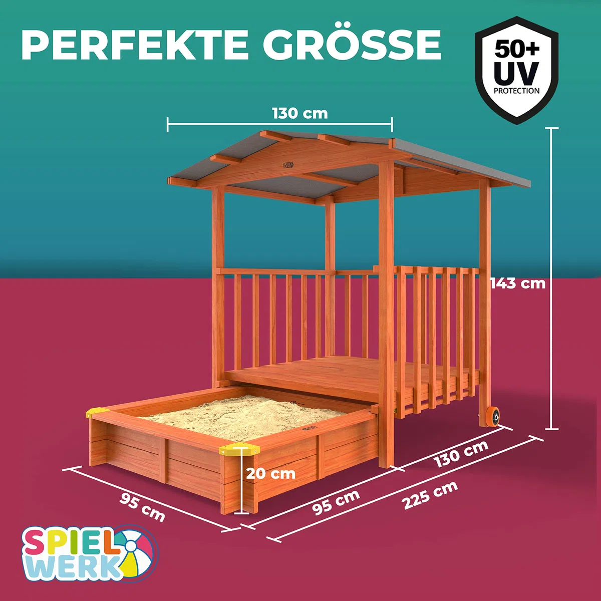 Spielwerk Sabbiera con Tetto 133x127x137cm Protezione UV 50 Legno Naturale Sandbox Bambini Gioco Esterno Playhouse