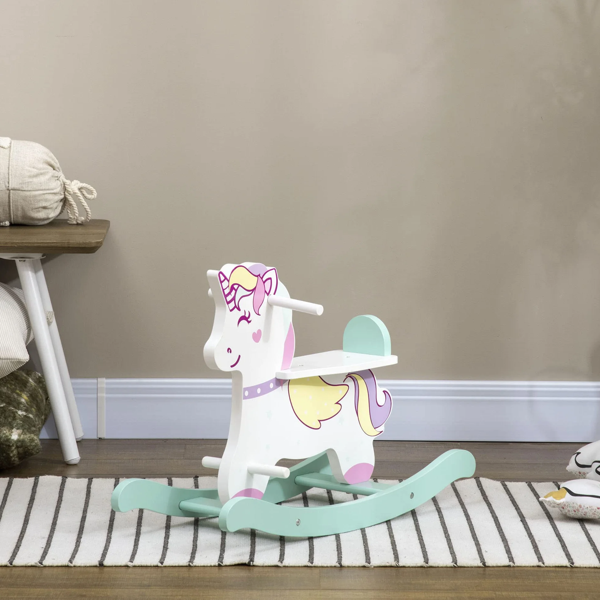 HOMCOM Cavallo a Dondolo per Bambini 1-3 Anni Cavalcabile, Cavalluccio a Dondolo con Maniglie, Schienale e Pedali in MDF, 68x27x47.5 cm, Blu Rosa Bianco