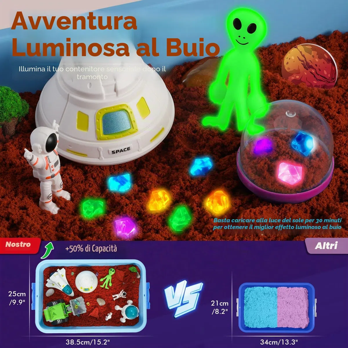 KNASON Sabbia Giocattolo Bambini, Spazio Scientifici Kit di Sand con Sabbia Magica, illuminano al Buio Alieno e Gemme, Giocattoli per Sabbiera Regalo di Natale per Bambini 3 ai 8 Anni
