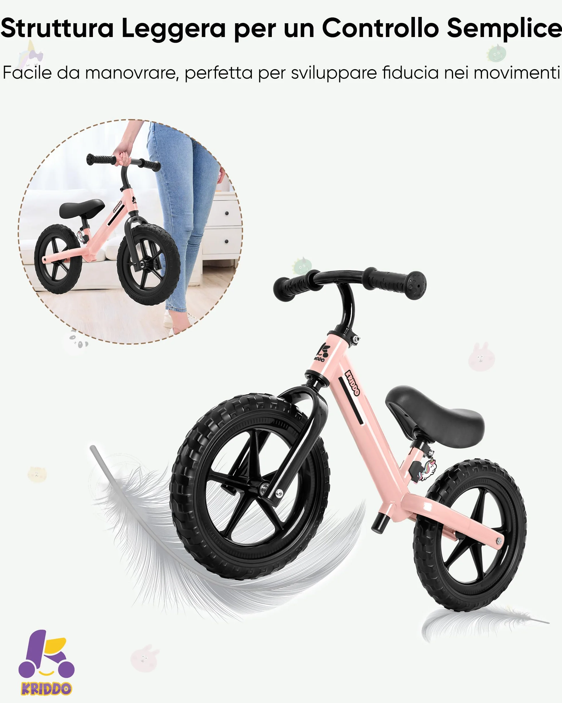 KRIDDO Bicicletta senza pedali per bambini dai 2 ai 5 anni, doppio cuscinetto per una guida più fluida, adorabile piastra, sedile e manubrio regolabili, regalo per bambini dai 2 ai 3 anni