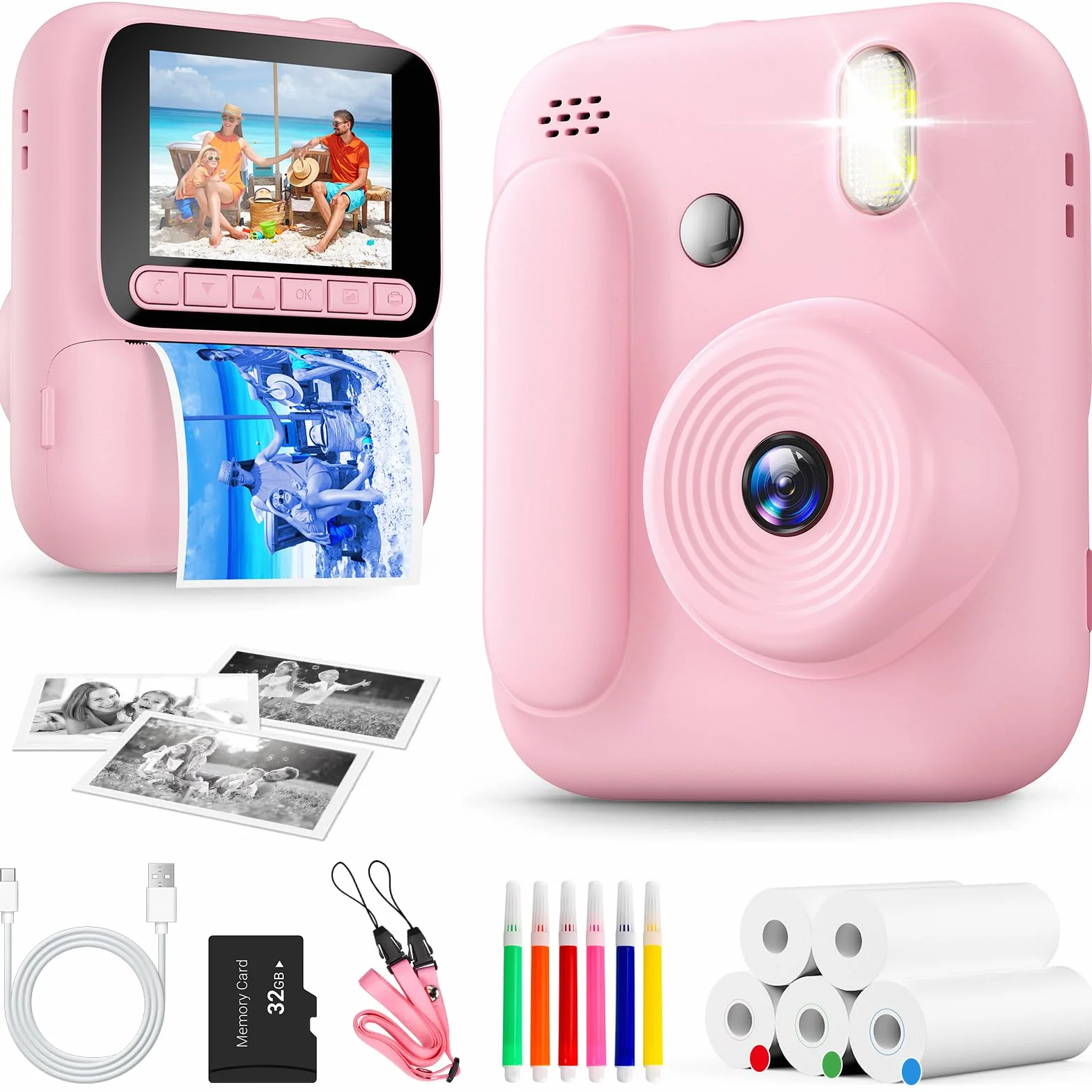 Macchina Fotografica Bambini Istantanea,Fotocamera Istantanea 1080P con 5 Rotoli di Carta da Stampa,Scheda da 32GB e Penne Colorate,Fotocamera Digitale Portatile per Bambini dai 3-14 Anni (Rosa)