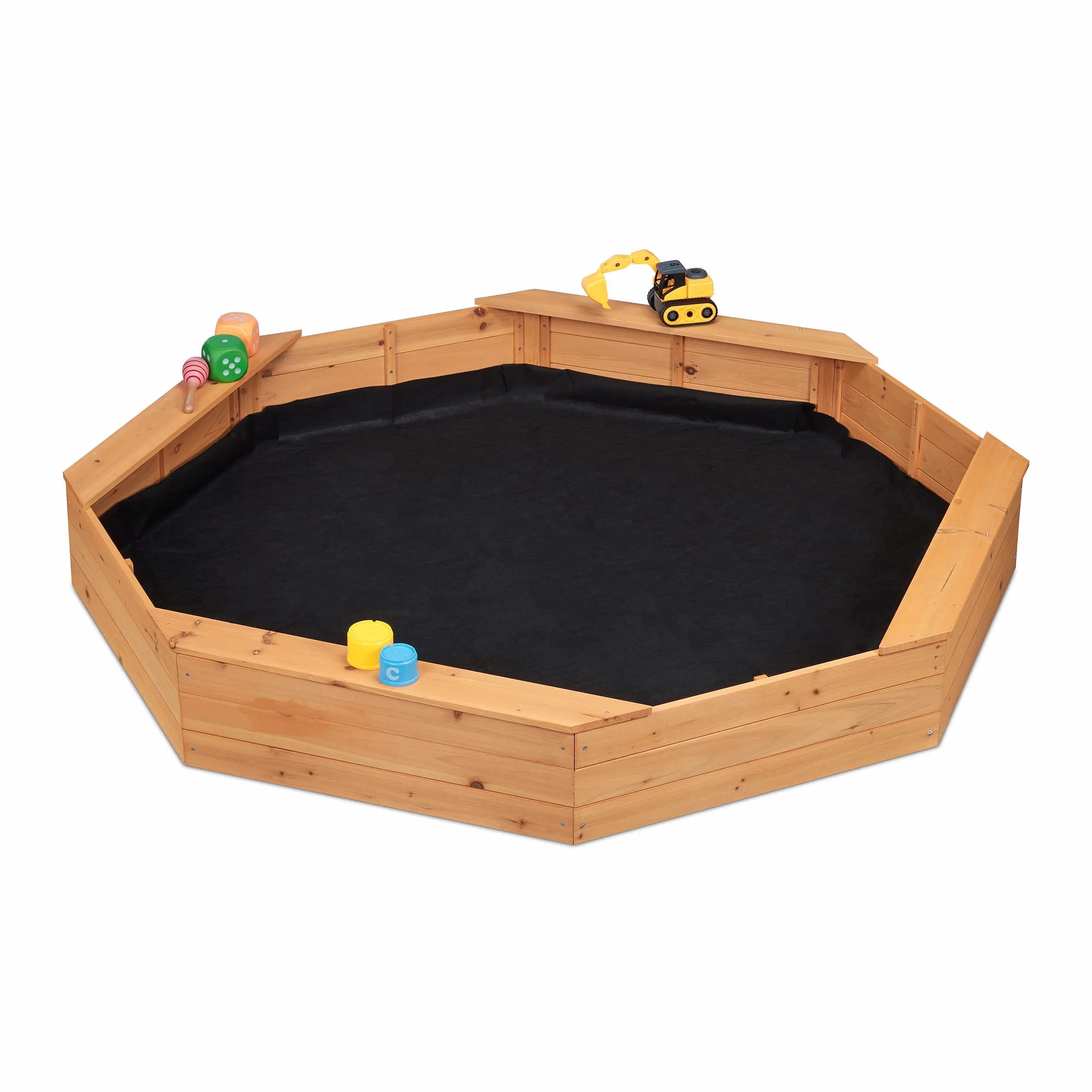 Relaxdays Sabbiera per Bambini, con Sedute, Sandbox in Legno, Base in TNT, HxLxP: 22,5x160x160 cm, Ottagonale, Naturale