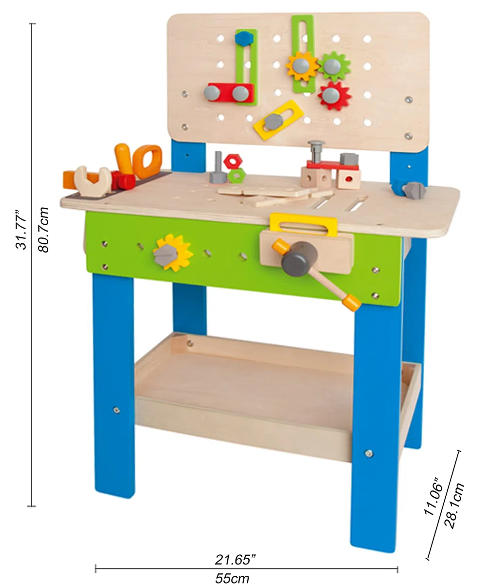 Hape Banco da Lavoro | in Legno con Attrezzi Giocattolo | 35 Pezzi| Adatto a Bambini dai 3 Anni in su
