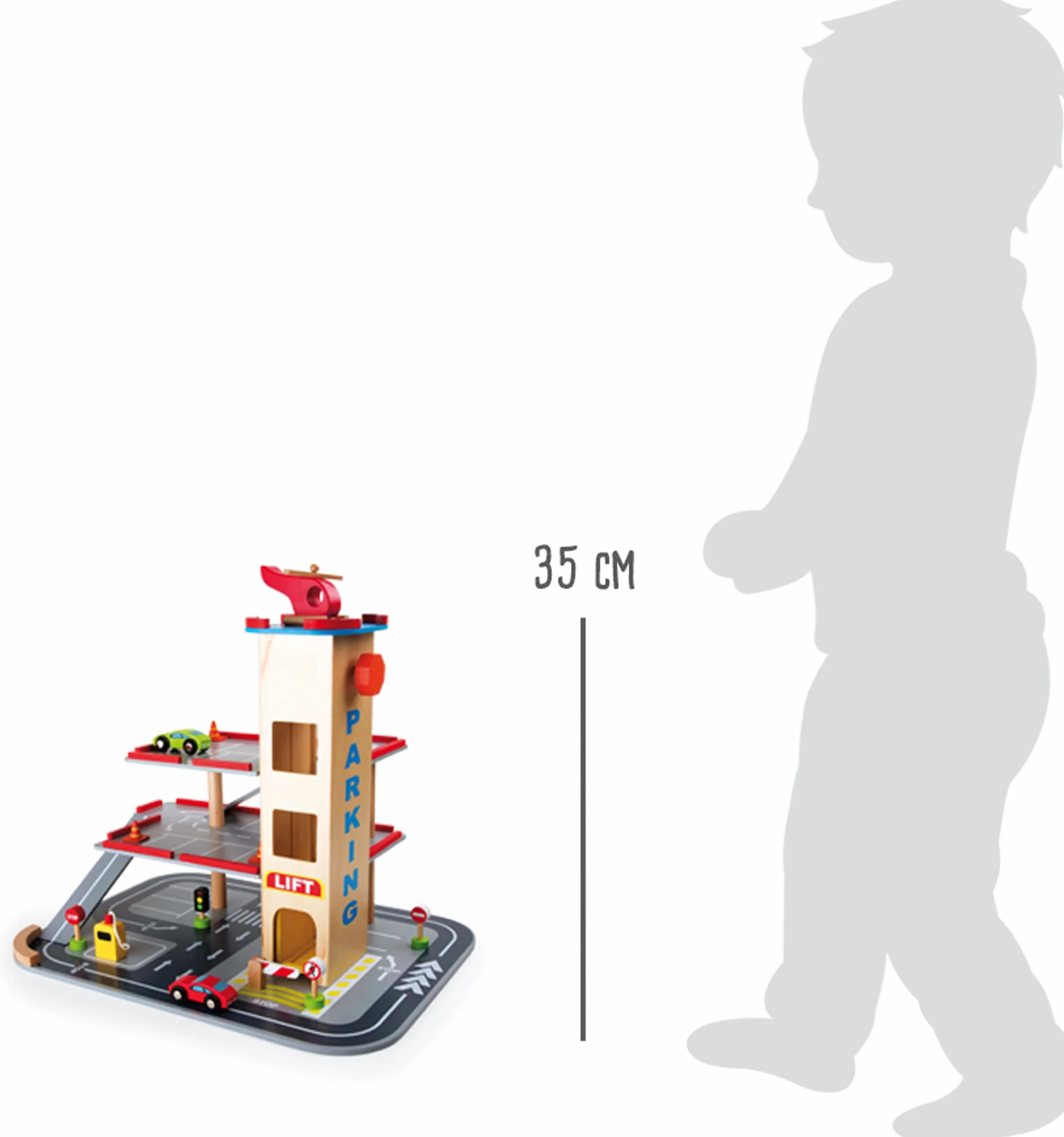 4777 Parcheggio "Discesa rapida" small foot in legno, a 3 piani, ascensore e piazzola di atterraggio per elicotteri, da 3 anni