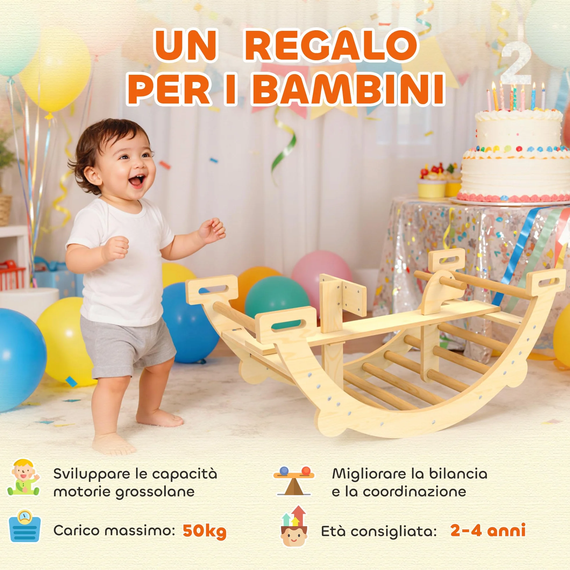 AIYAPLAY Arco Montessori per Bambini 2-4 Anni Convertibile in Dondolo, Gioco Arrampicata in Legno, 110x52x45 cm, color Legno