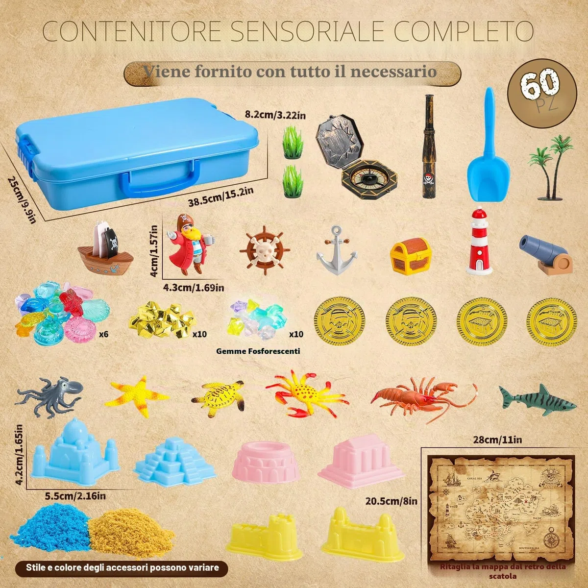 KNASON Sabbia Giocattolo per Bambini,Scrigno del Tesoro Pirata Kit di Sabbiera con 1KG Sabbia Magica,Illuminano al Buio Gemme e Mappa,Regalo di Natale e Compleanno per Bambini 3 ai 8 Anni