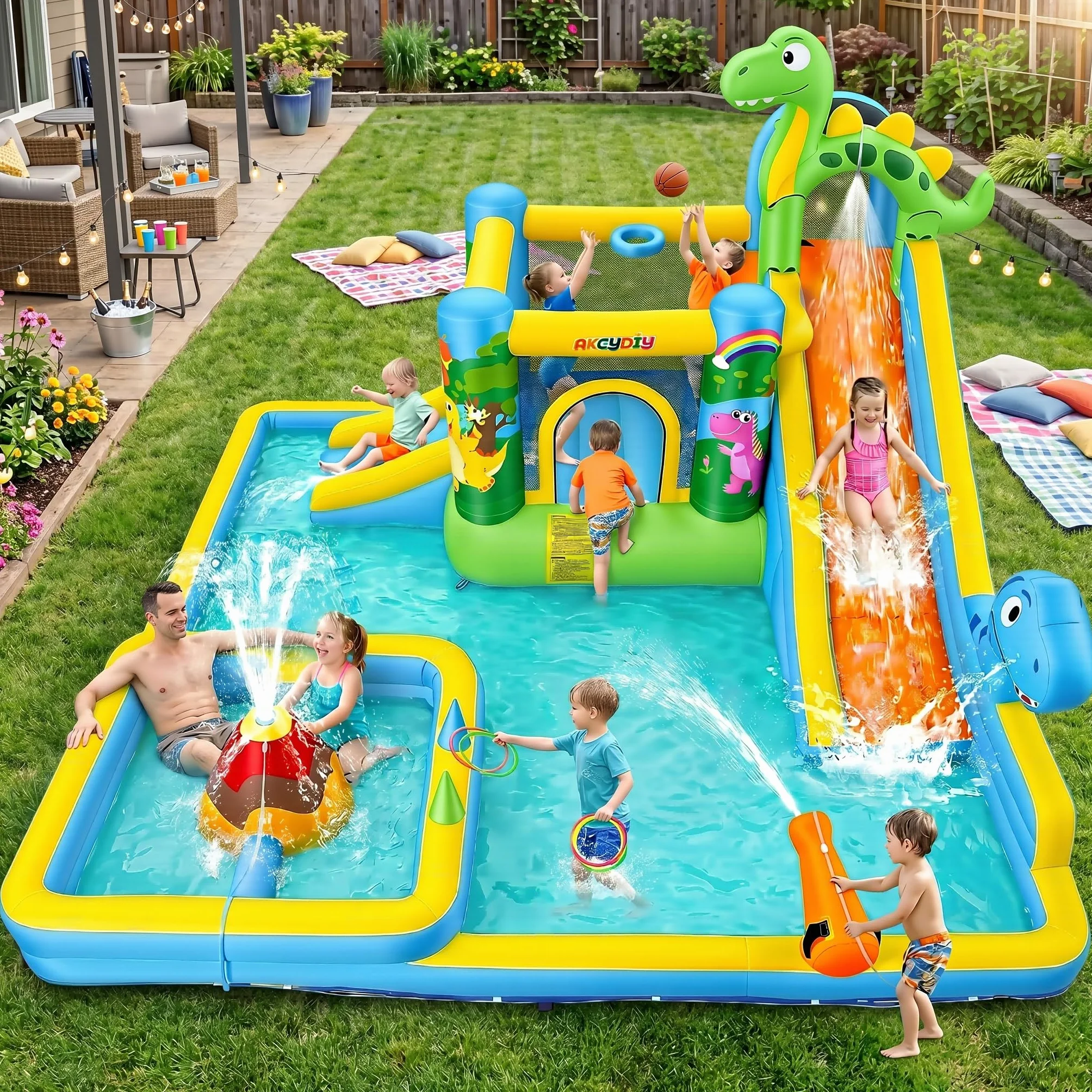 Gonfiabile acquascivolo castello gonfiabile con ventilatore per bambini 3+ anni, scivolo asciutto/acqua, parco acquatico dinosauro con 2 scivoli, piscina per bambini e piscina, cestino da basket