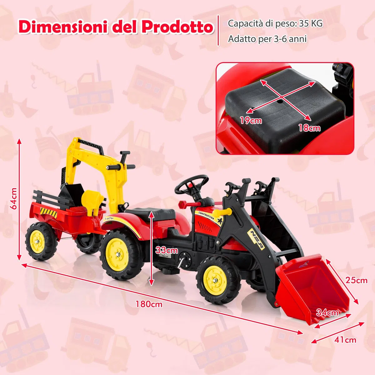 COSTWAY 3 in 1 Escavatore per Bambini, Trattore con Rimorchio Staccabile Cavalcabile, 6 Ruote, 2 Benne, Rosso