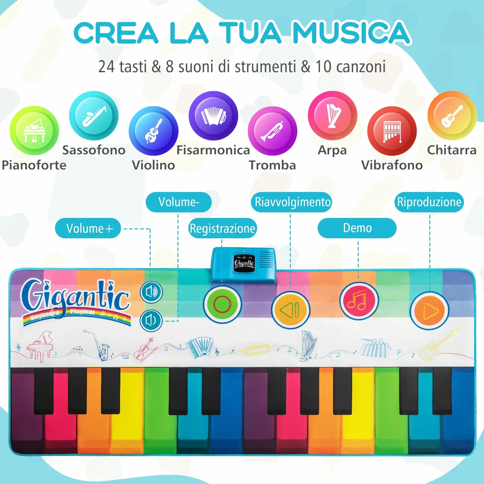 GYMAX Tappeto Pianoforte da 181 CM, Grande Tappeto da Ballo con Pianoforte a Tastiera con 24 Tasti, 8 Suoni di Strumenti, 10 Canzoni, Riproduzione e Volume Regolabile, per Bambini 3+ Anni