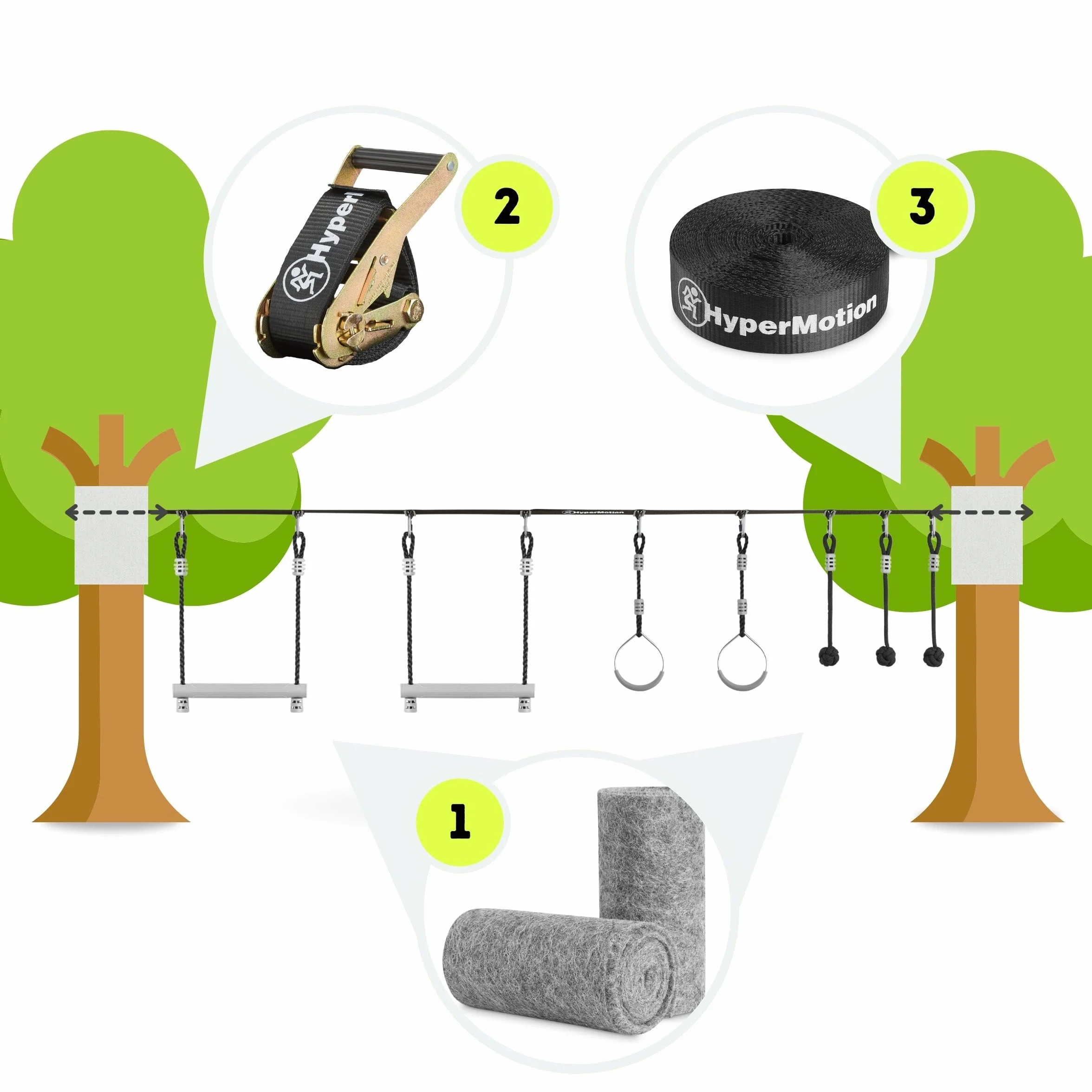 HyperMotion Percorso Ostacoli Bambini Ninja 7 Elementi Set Slackline 15m Aste Ruote Pugni di Scimmia Kit Allenamento Giardino Arrampicata Equilibrio Portata 113 kg