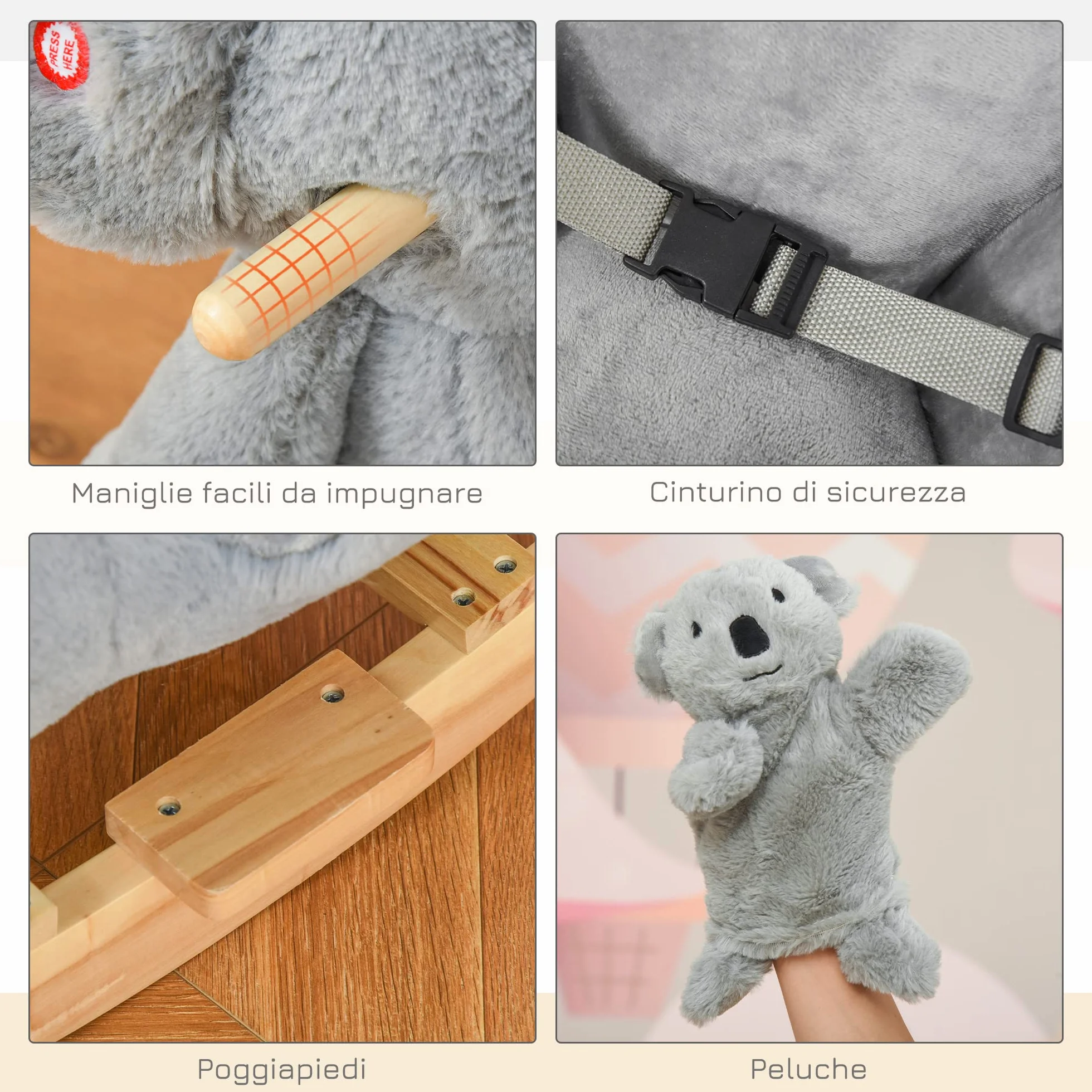 HOMCOM Cavallo a Dondolo Koala in Peluche Imbottita con Suoni, Cintura di sicurezza e Base in Legno, 60x33x50cm, Grigio