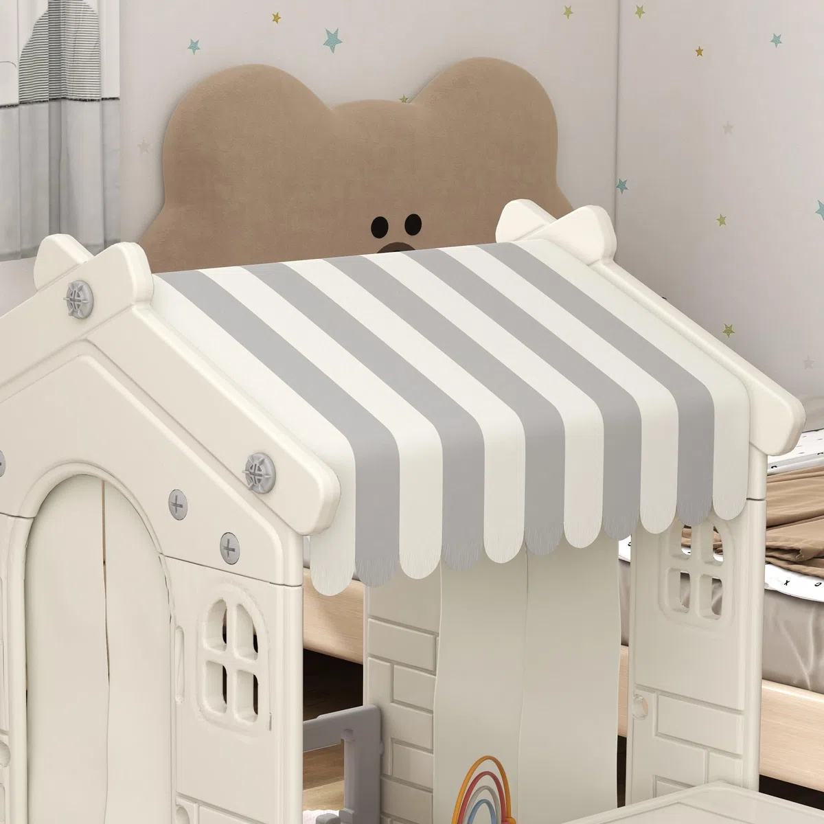AIYAPLAY Casetta per Bambini con 4 Finestre, Porte ad Arco, Tetto e Bancone, Plastica, Crema