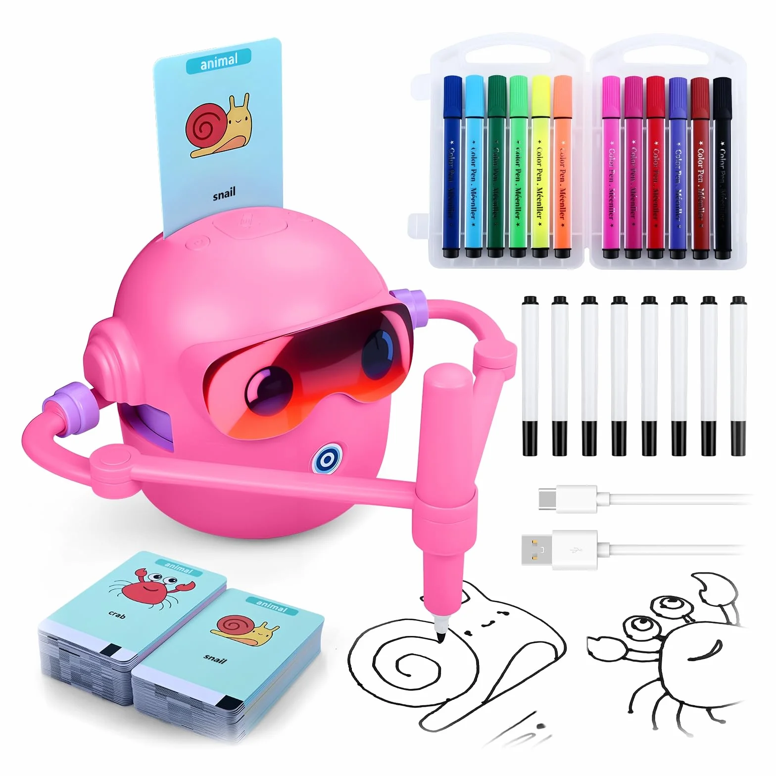 MMOBIEL Robot da Disegno per Bambini Giocattolo Educativo Interattivo con 100 Carte, 12 Pennarelli Colorati, Guida Vocale e Batteria Ricaricabile USB-C – Regalo Creativo per Età 3-9 – Rosa