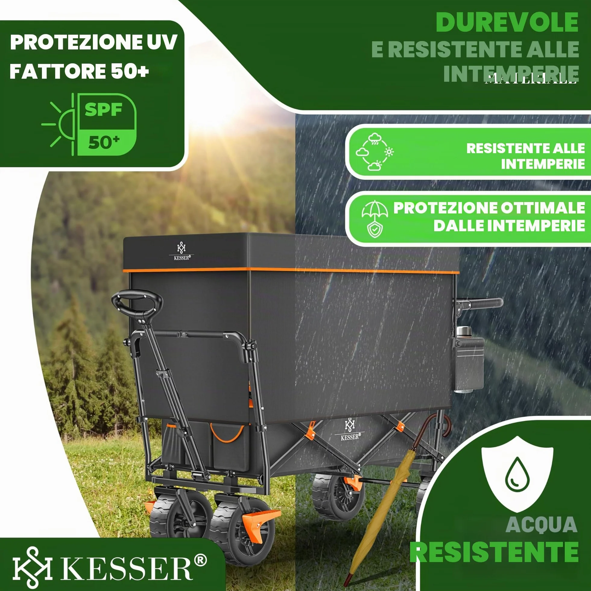 KESSER® Carrello pieghevole GT9000 con tetto | Carrello di trasporto max. portata 150 kg con ruote in gomma dura e freni anteriore/posteriore | Include serratura, copertura