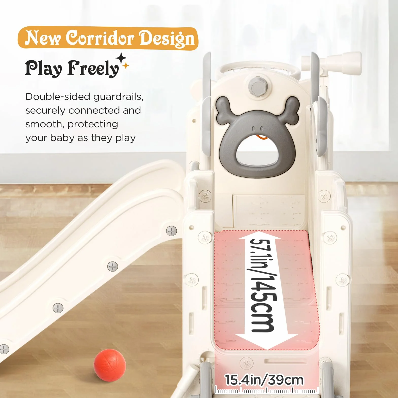 Scivolo per bambini con cerchio da pallacanestro, scivolo a tema Alce, parco giochi al coperto e all'aperto, kit da gioco per arrampicata indipendente con scivolo per bambini (beige grigio-7 in 1)