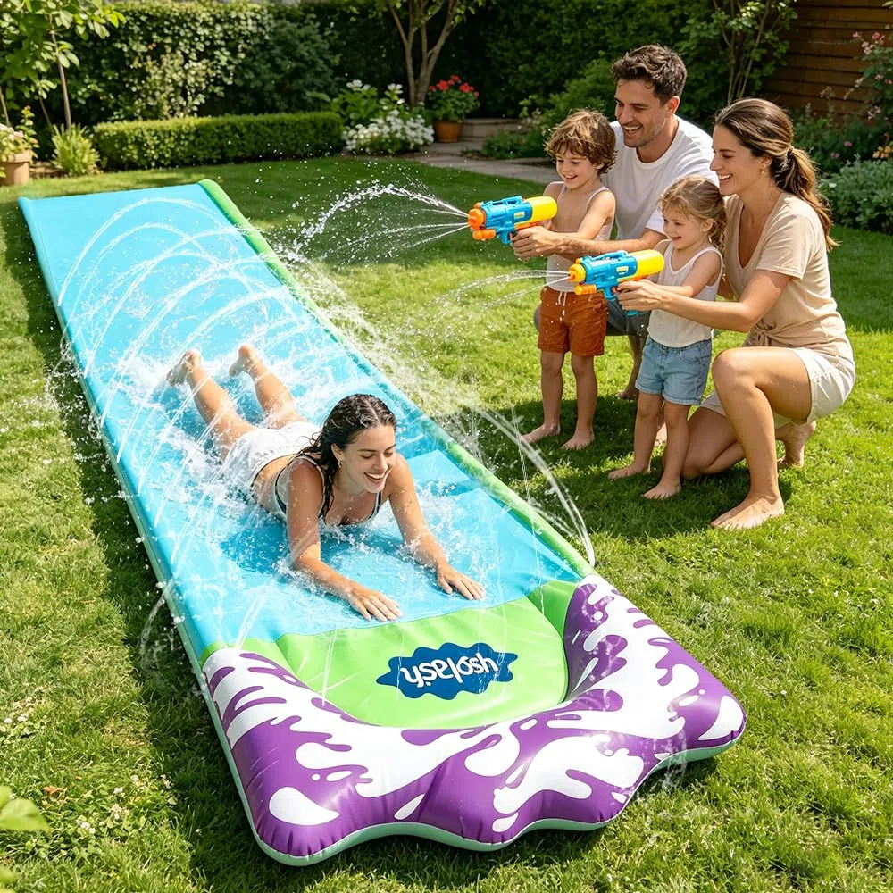Scivolo D'acqua 480x70cm con Spruzzatori, Tappetino Acquatico con 2 Bodyboard