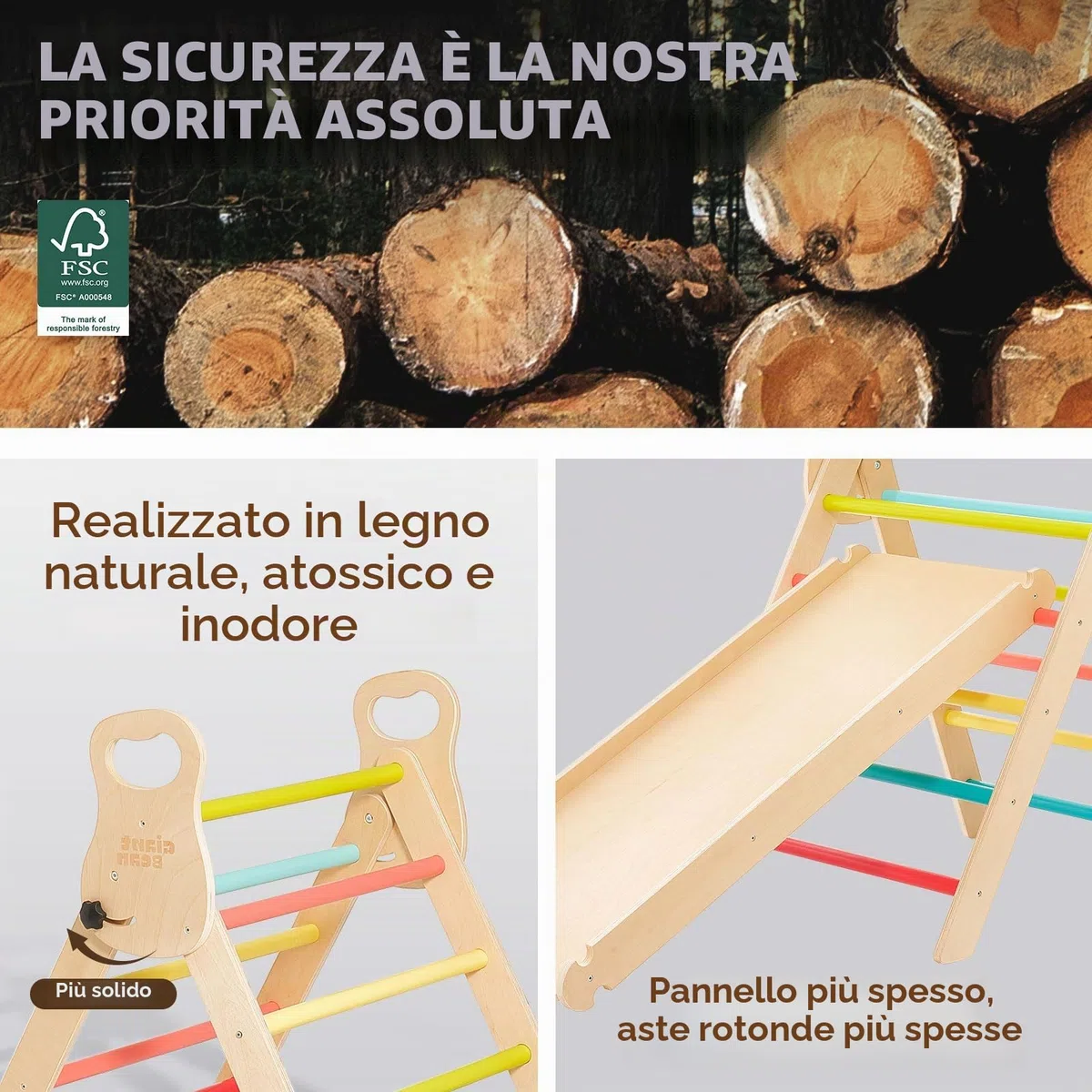 Giant bean Trianglello per Arrampicata Montessori 5 in 1 con Arco da Scalata e Scivolo, Struttura in Legno per Bambini 2-5 Anni
