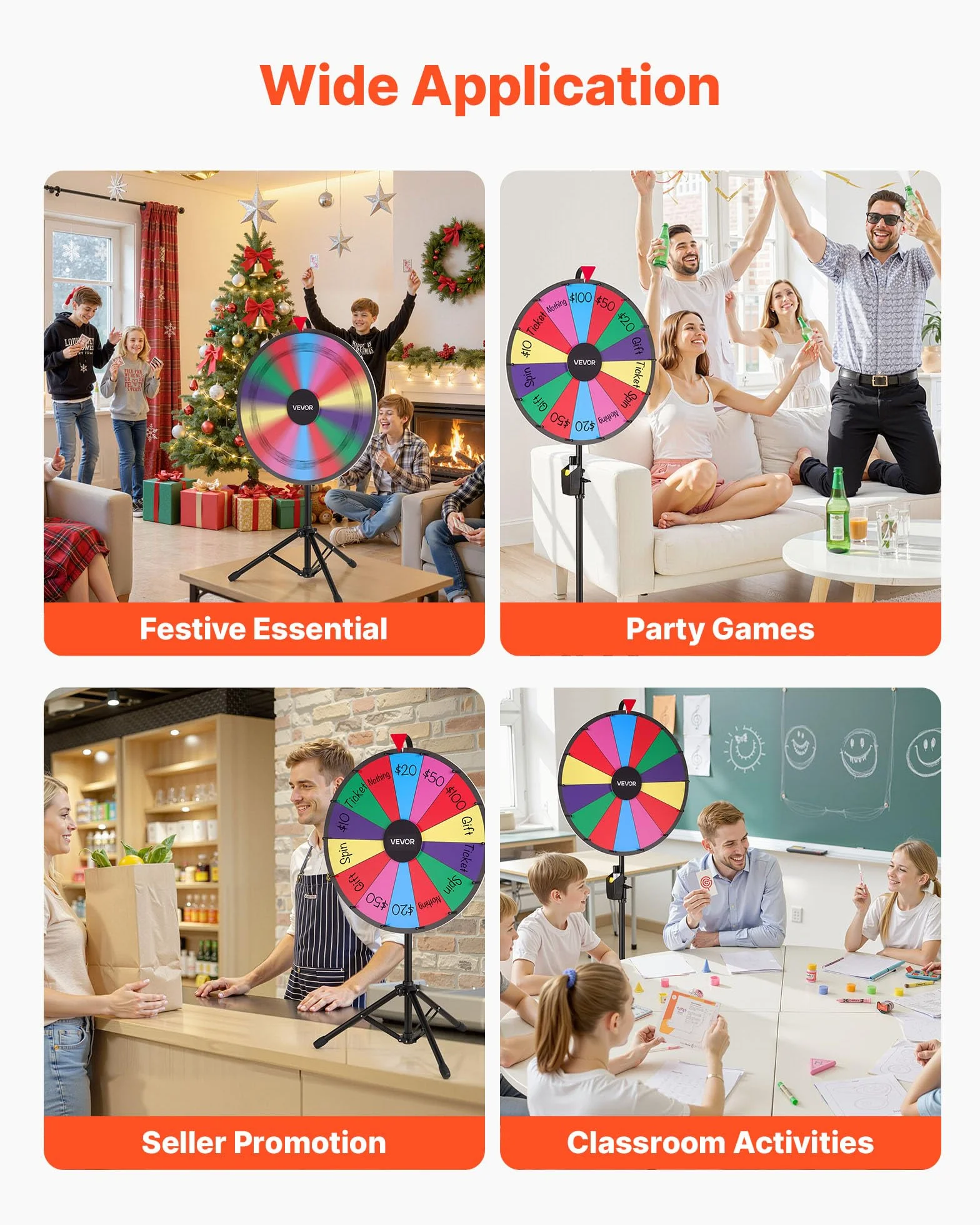 VEVOR Ruota dei Premi Girevole da 610 mm, Ruota Girevole a 14 Slot con Treppiede, Altezza Regolabile, Roulette Win Fortune con Cancellabile a Secco e 2 Pennarelli, 6 Colori, per Feste, Pub, Carnevale