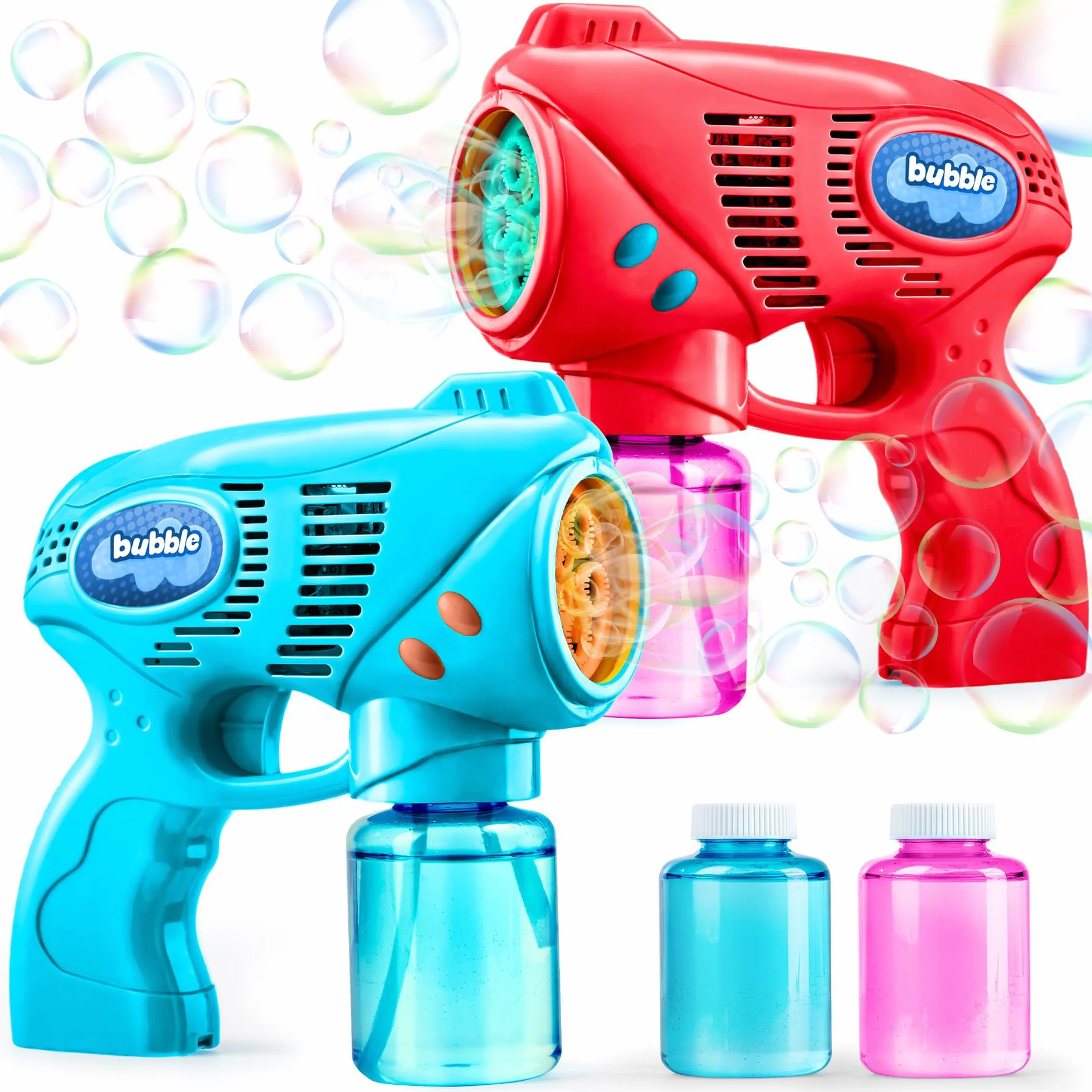 2 pezzi Pistola a Bolle Colorata con 2 Bottiglie di Soluzione di Bolle da 147ml per Bambini Giochi all'aperto e al coperto Festa a tema d'estate Compleanno