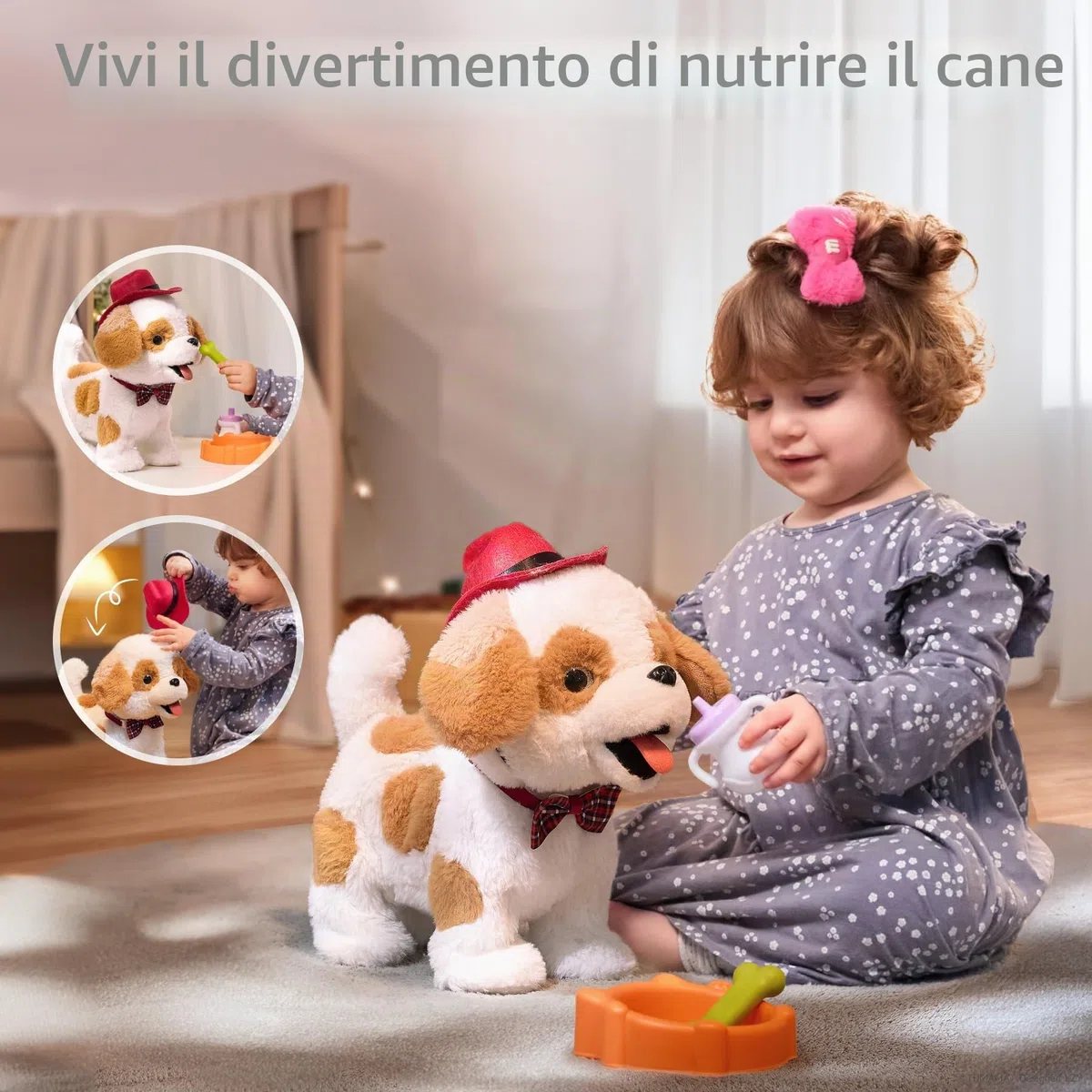 Peluche Cane Interattivo che Abbaia e Cammina e Leccare con Guinzaglio Giocattolo per Bambini 3-6+ Anni