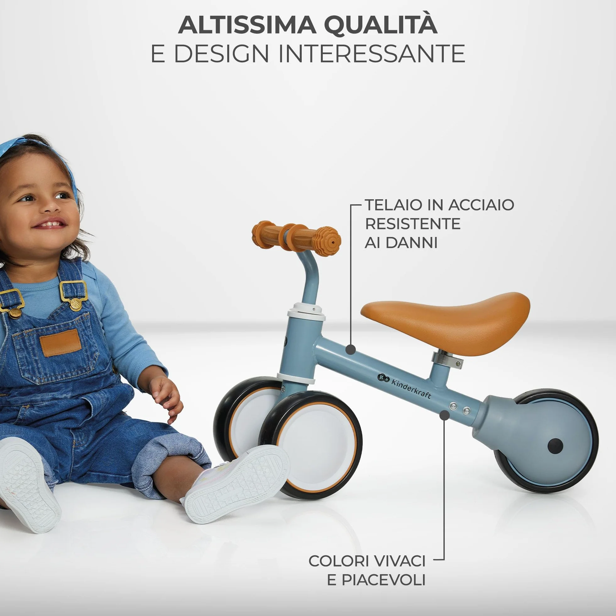 Kinderkraft CUTIE Bici senza Pedali, Bicicletta in Metallo, Sella Regolabile, Leggero Triciclo, da 1 Anno, Blu