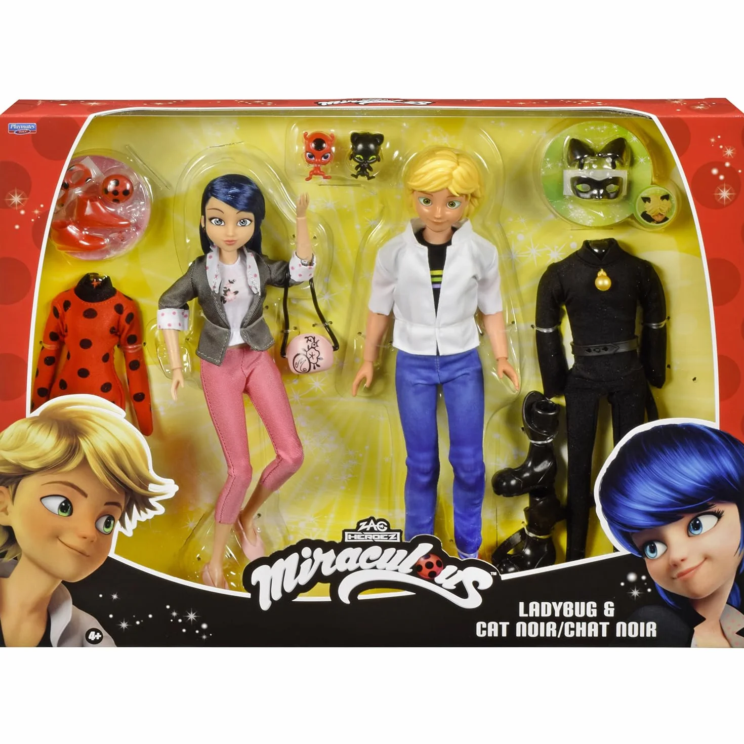 BANDAI – Miraculous – Confezione 2 bambole Marinette e Adrien con 2 abiti (Ladybug e Chat Noir) – Set regalo Miraculous 2 figure 26cm – Idea regalo per bambini – Giocattolo dai 4 anni in su – P50359