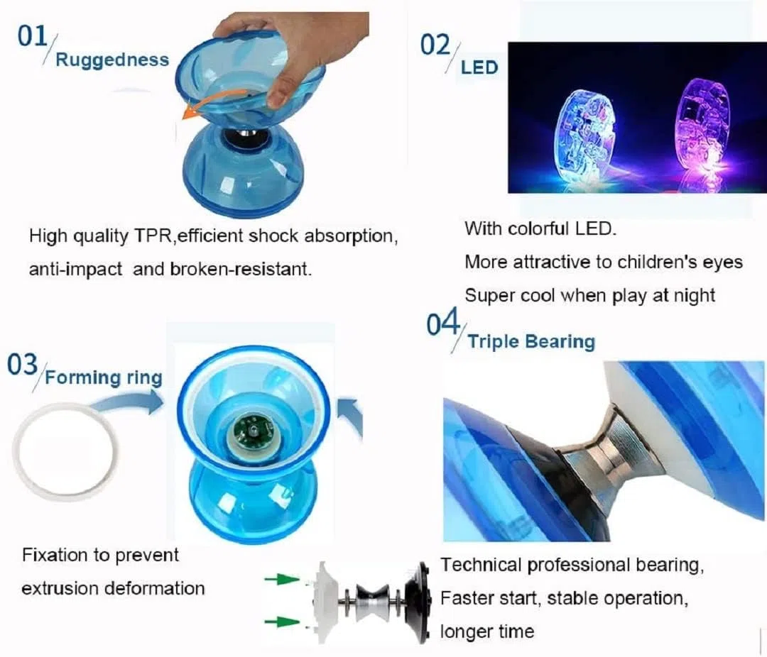 Diabolo LED z łożyskami kulkowymi, świecący w ciemności, 4 kolory, dla dzieci i dorosłych, profesjonalny
