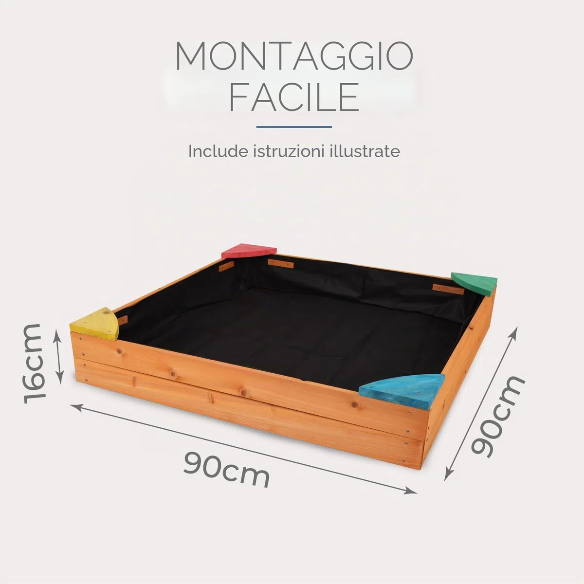 Bestlivings Sabbiera con copertura 90 x 90 x 16 cm, sandbox in legno con telone contro erbacce e coleotteri, cassetta con angoli colorati per il giardino