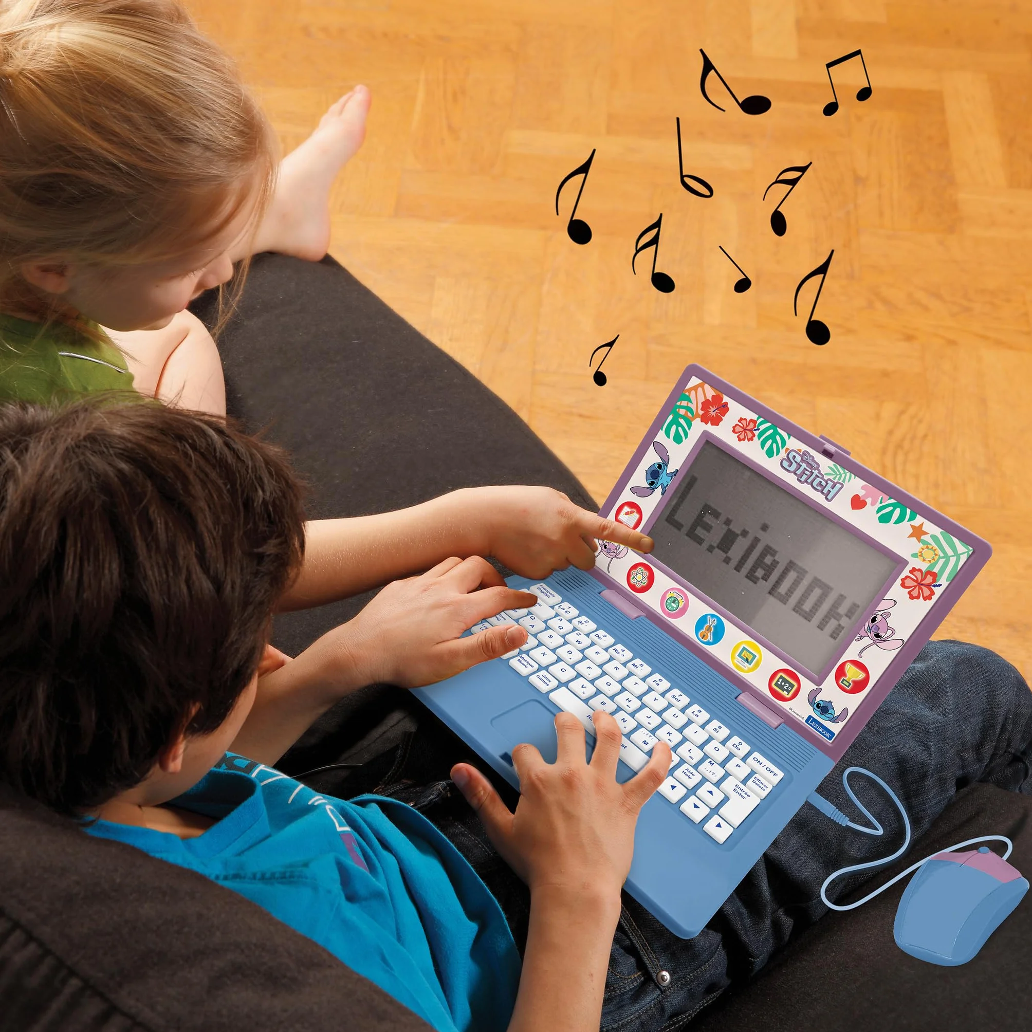 LEXIBOOK, Disney Stitch, Laptop bilingue ed educativo Inglese/Francese Giocattolo per Bambini, 170 attività da Imparare, Giocare e Musica, Schermo Grande, Blu/Viola, JC599Di1