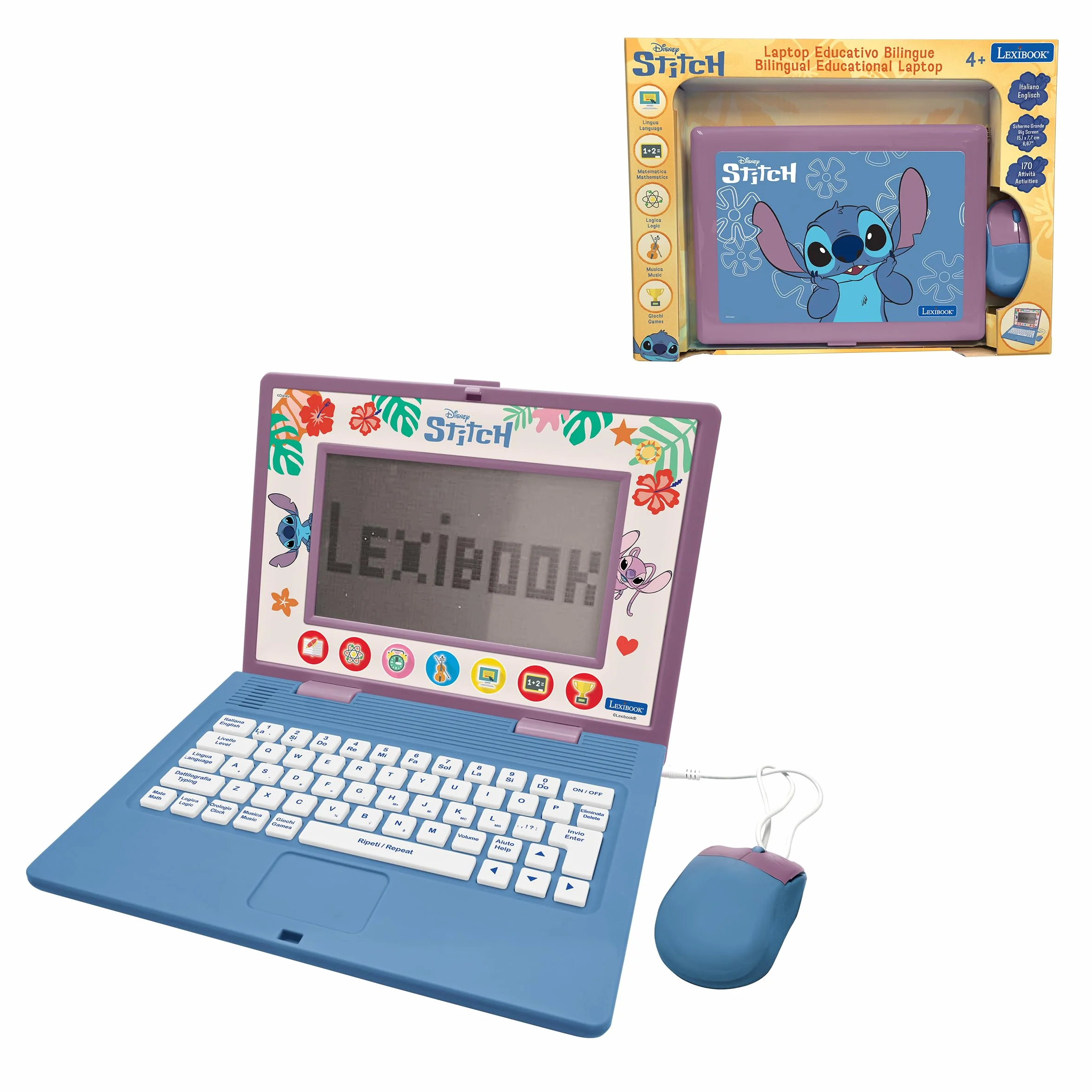 Lexibook, Disney Stitch, Computer educativo bilingue Stitch con 170 attività Inglese/Italiano, JC599Di5