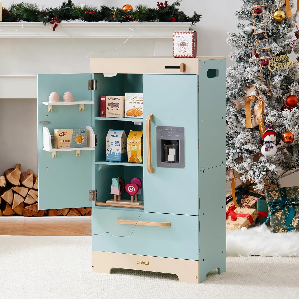ROBUD Frigorifero in legno - realistico e interattivo con macchina per cubetti di ghiaccio e giocattoli alimentari - Adatto per bambini dai 3 anni in su