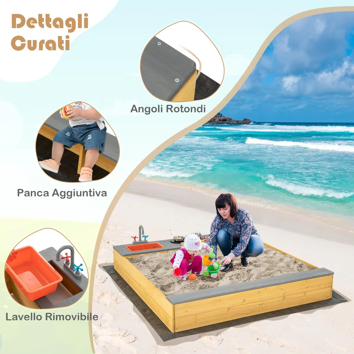 GYMAX Sabbiera in Legno per Bambini con Fodera Inferiore, Set Sabbiera da Gioco 3 in 1 per Bambini, Sedile a Panca, Sabbiera per Bambini da Esterno, per Bambini dai 3 ai 8 Anni, 135x125x20 cm