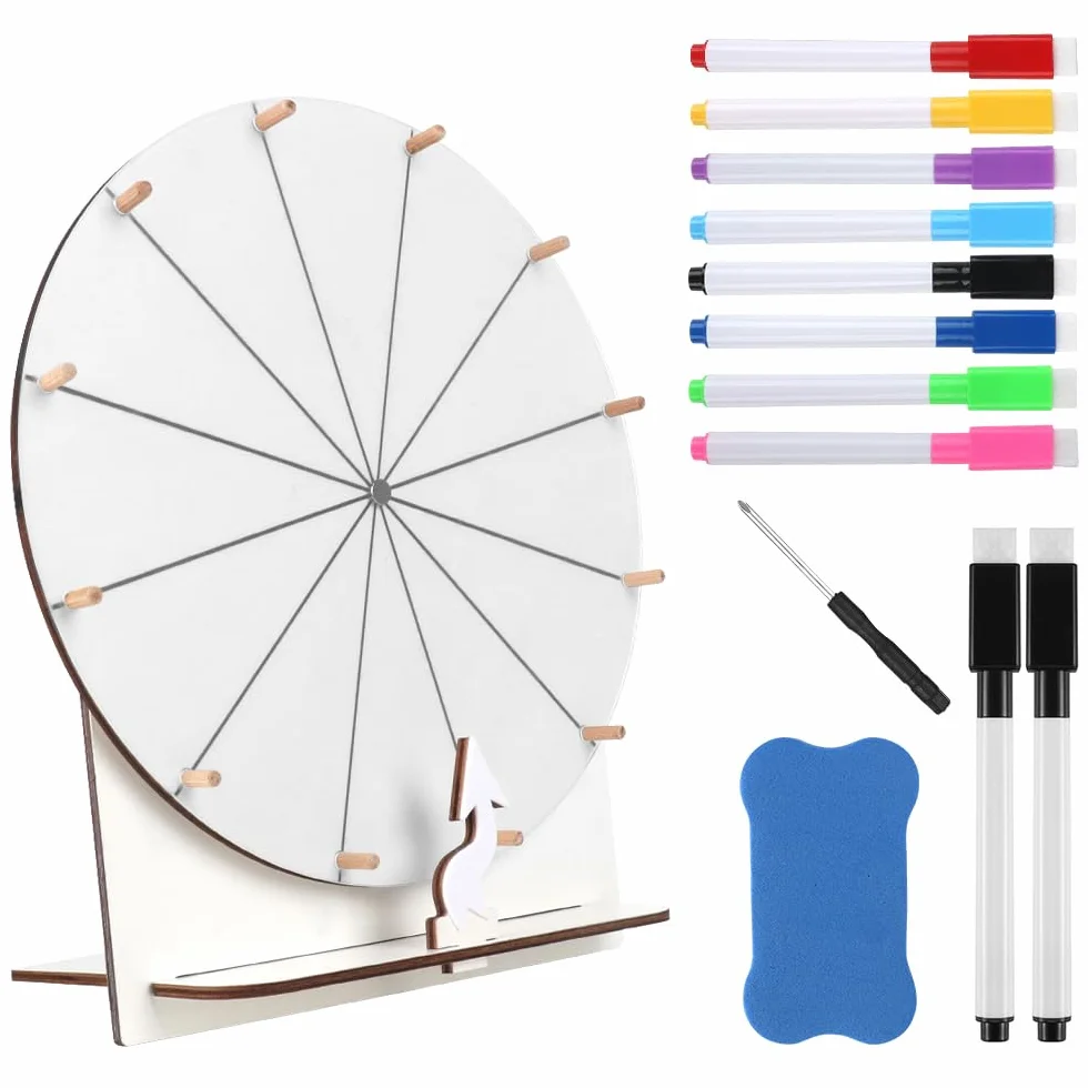 Ruota della Fortuna, 29cm Ruota dei Premi Che Gira, Ruota Girevole per Giochi con 12 Slot, Ruota della Fortuna Personalizzabile con Gomma e Pennarello per Feste, Pub, Carnevale, Fiere(Bianco)