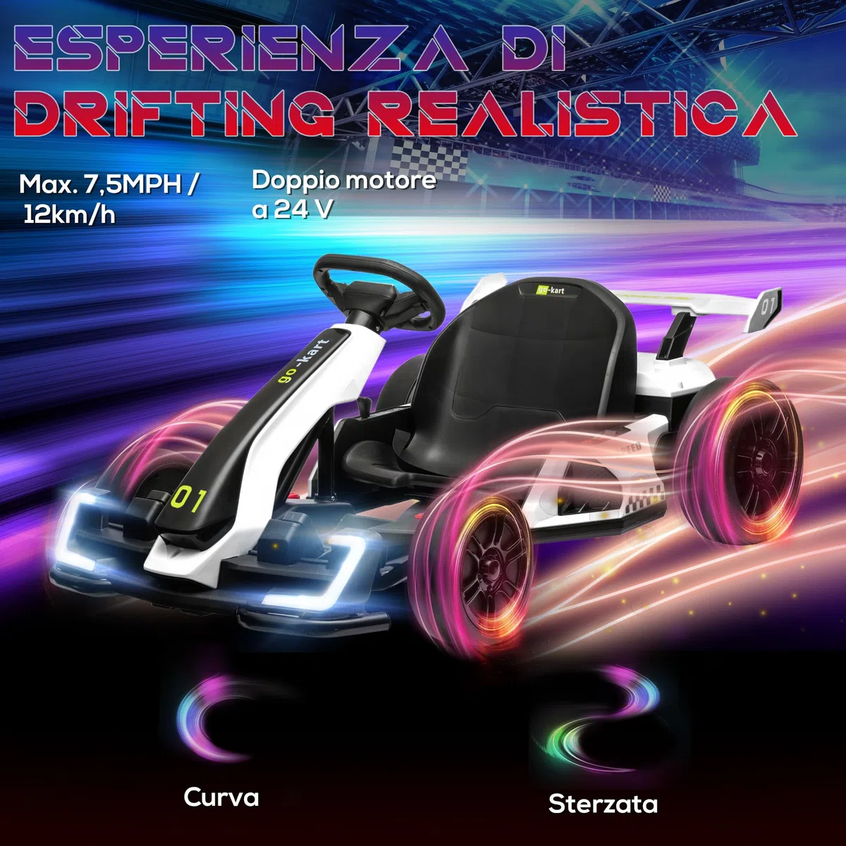 HOMCOM Go Kart Elettrico Bambini 24V 2 Motori Drift Sedile Regolabile Bianco
