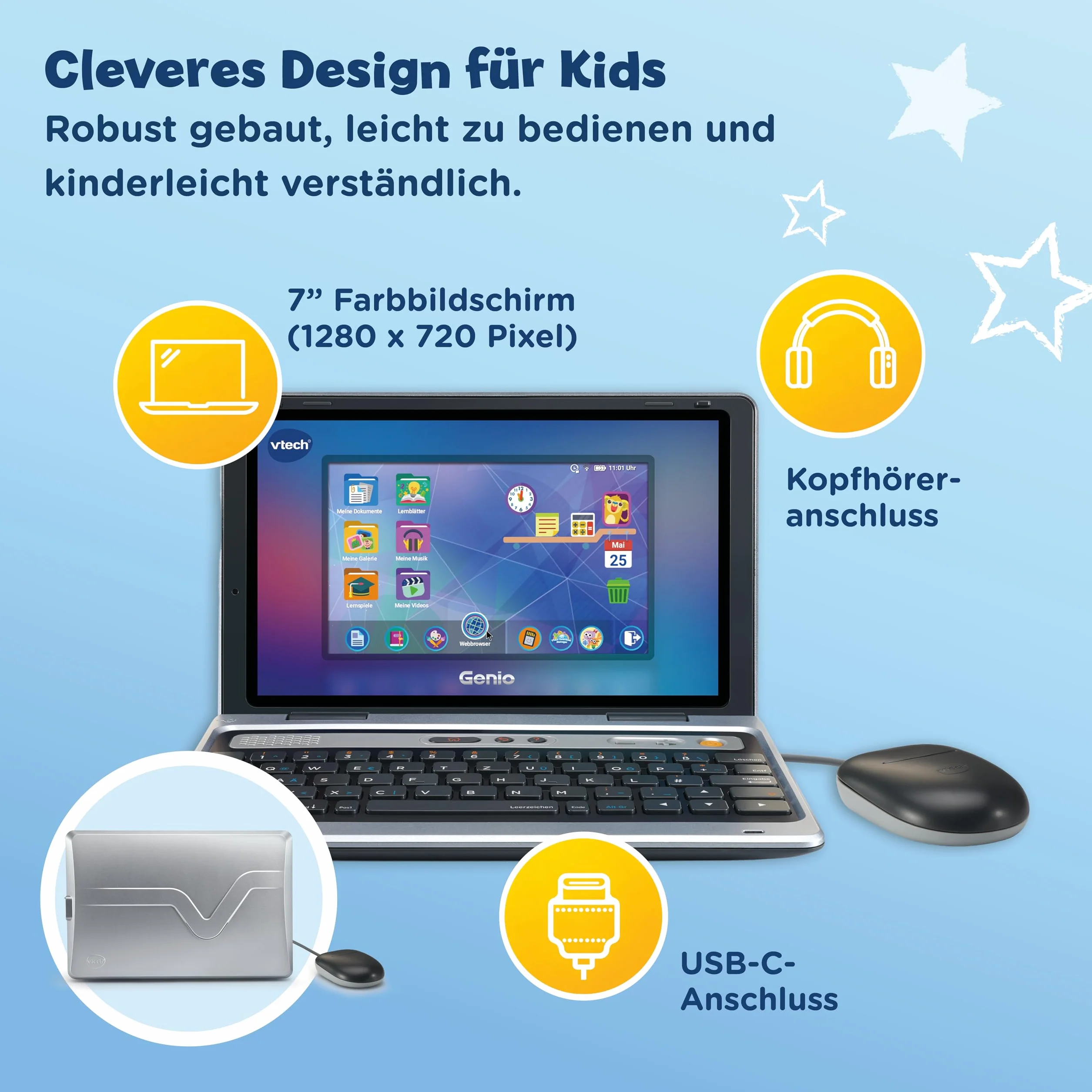 VTech Genio learning laptop XL - computer didattico con ampio schermo LCD da 7" con accesso a Internet, programma di testo e molti contenuti didattici - per bambini dai 5 ai 12 anni, grigio