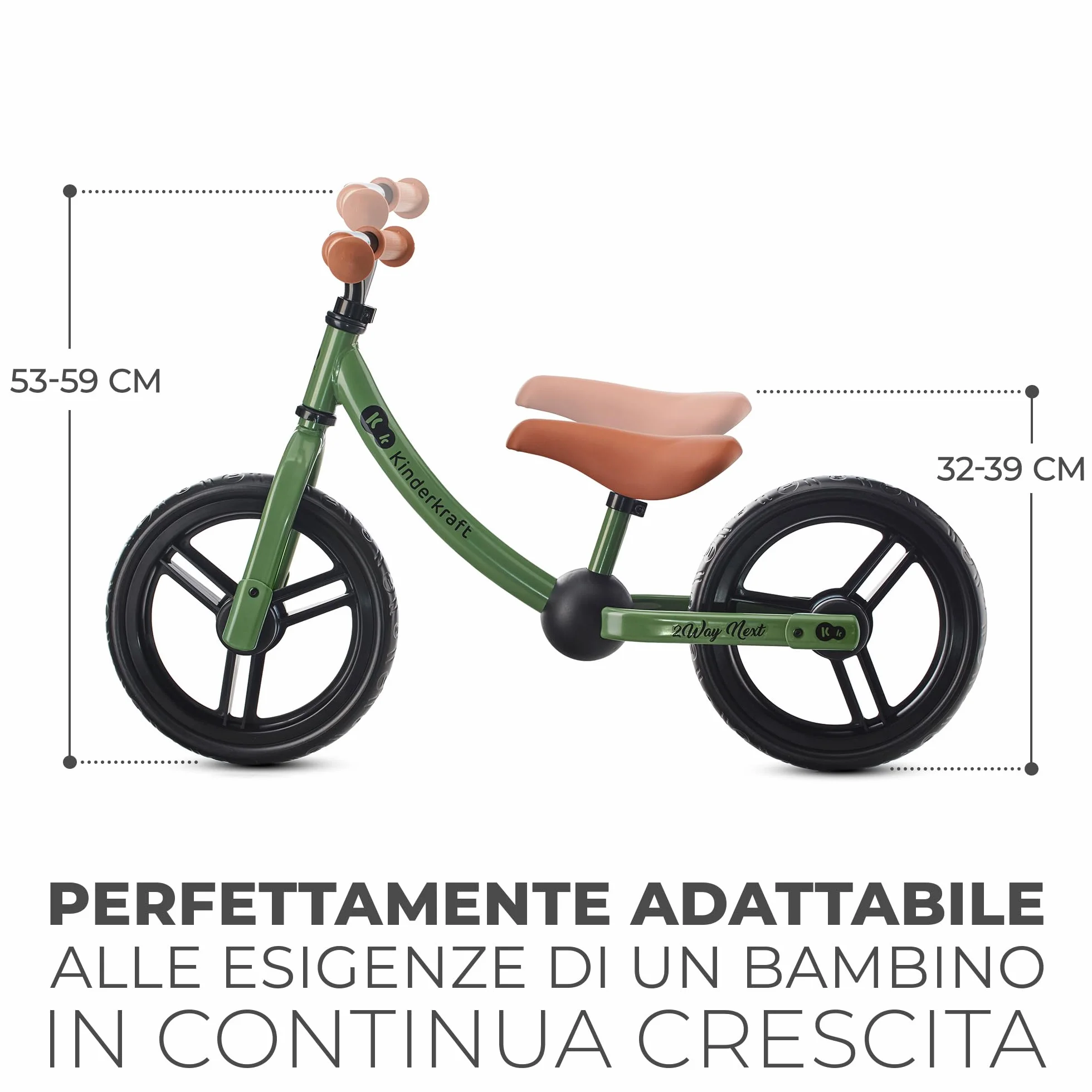 kk Kinderkraft 2WAY NEXT Bicicletta bambini 2-5 anni, Bici senza pedali, 12 polici ruote, Design sportivo, Regolazione della sella, Bloccasterzo, Montaggio facile, Struttura leggera, Verde