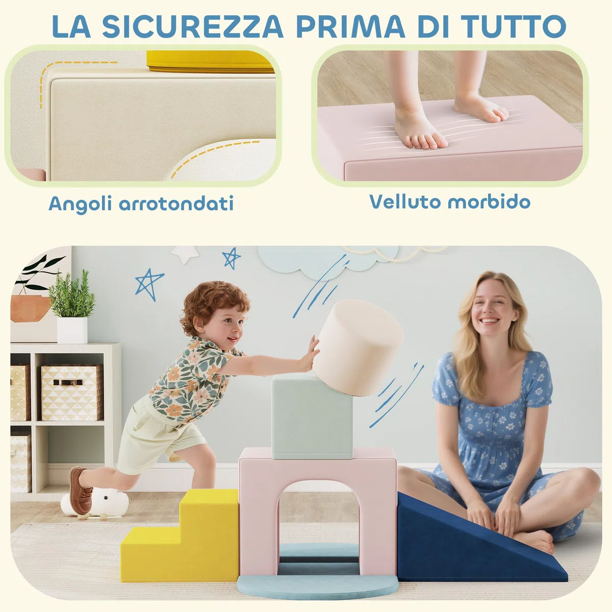 AIYAPLAY Set 8 Costruzioni Morbide per Bambini 0-3 Anni in Velluto e Schiuma PU Arancione