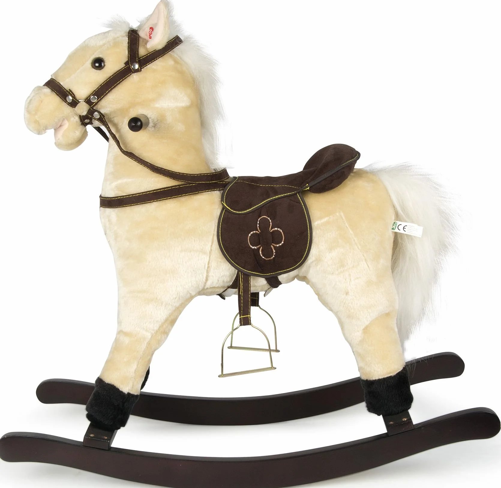 Cavallo a Dondolo per Bambini in Peluche con Suoni, Morbido e Interattivo con Struttura in Legno Sella e Staffe Giocattolo Sicuro per Divertimento e Relax Idea Regalo 74x30x70 cm.