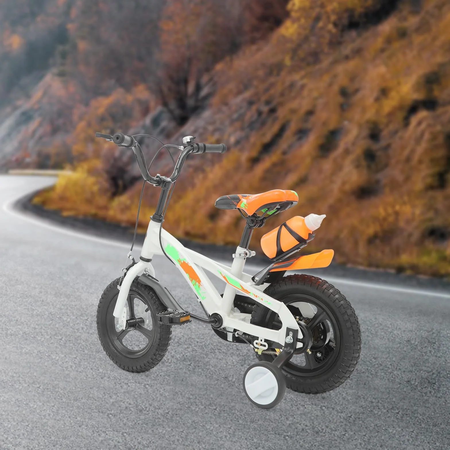 Bicicletta per bambini da 12 pollici, con ruote di supporto e bottiglia d'acqua, regolabile in altezza, bicicletta da allenamento con campanello, per bambini da 2 a 5 anni