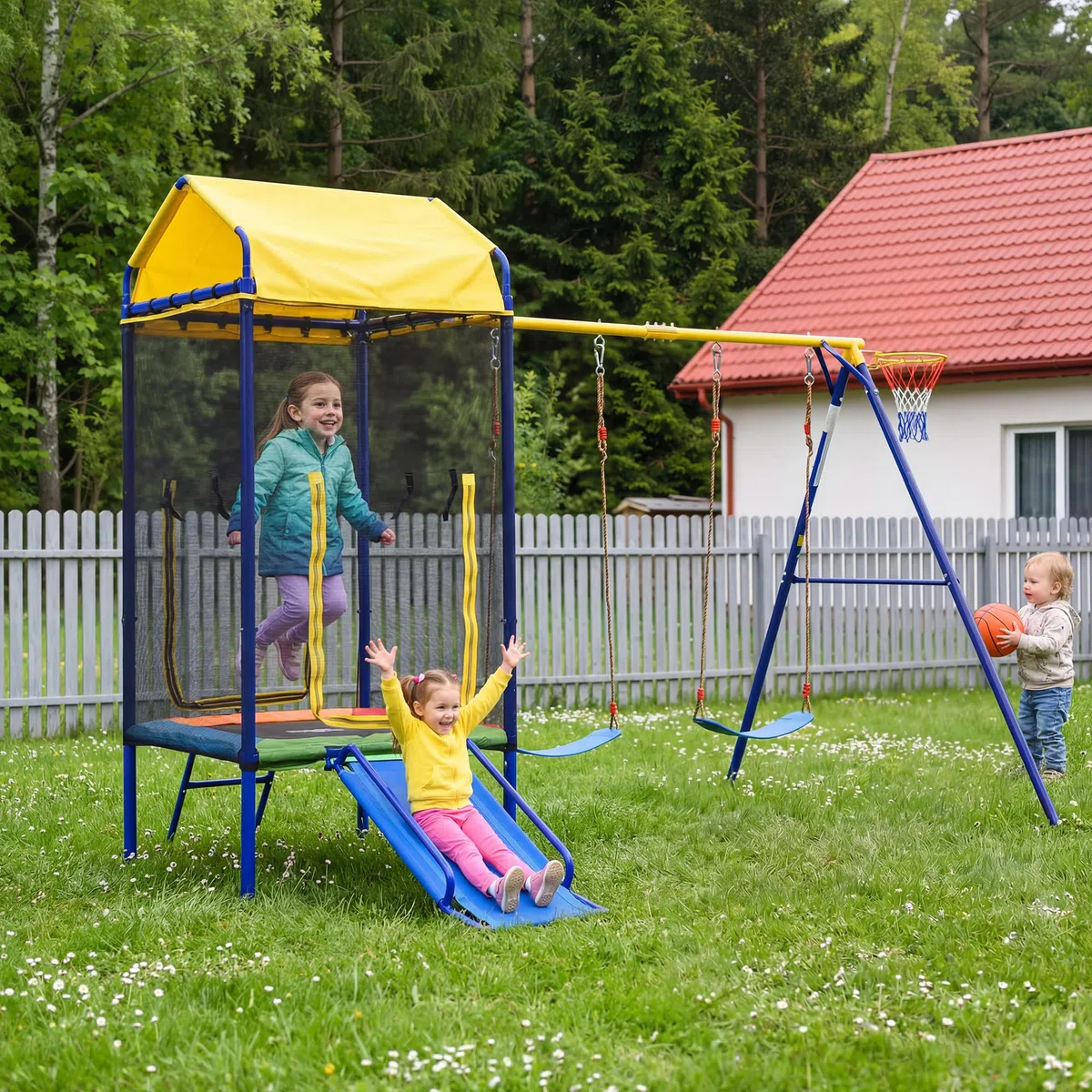 BTM Altalena da Giardino per Bambini Giochi da Giardino per Bambini Esterno con Trampolino, Altalena, Scivolo e Canestro da Basket