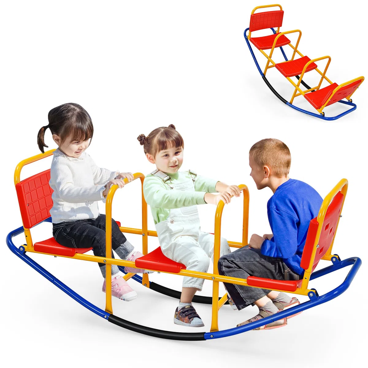HOMASIS Altalena a Bilico per Bambini 3 Posti, Altalena a Dondolo in Metallo, Portata 90 kg, per Bambini 3-8 Anni (Rosso)