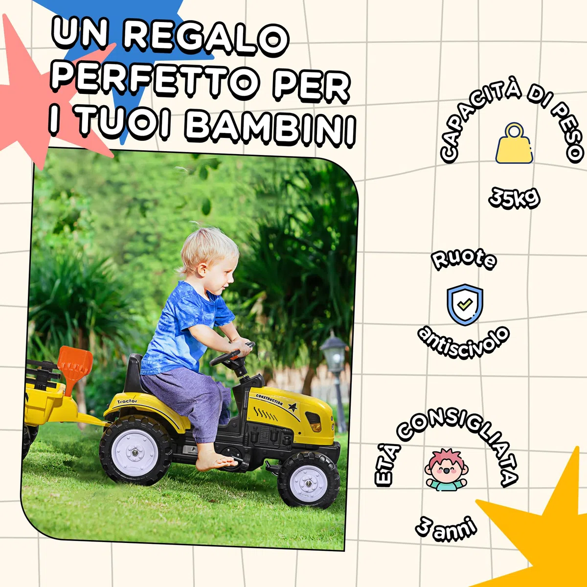 HOMCOM Trattore a Pedali per Bambini 3+ Anni con Rimorchio, Giallo