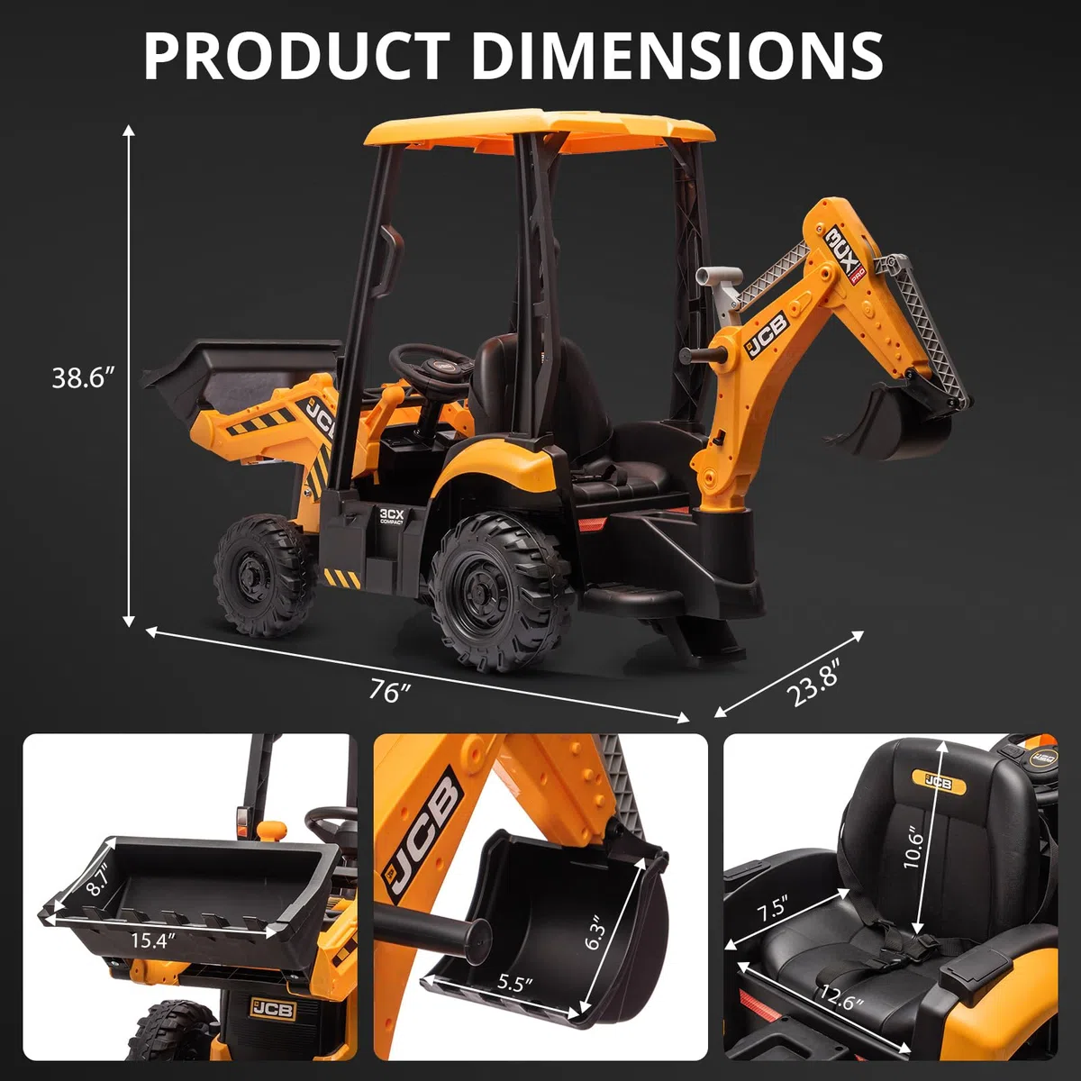 JCB 12V Escavatore Elettrico per Bambini 4 in 1 Giocattolo da Cavalcare con Telecomando