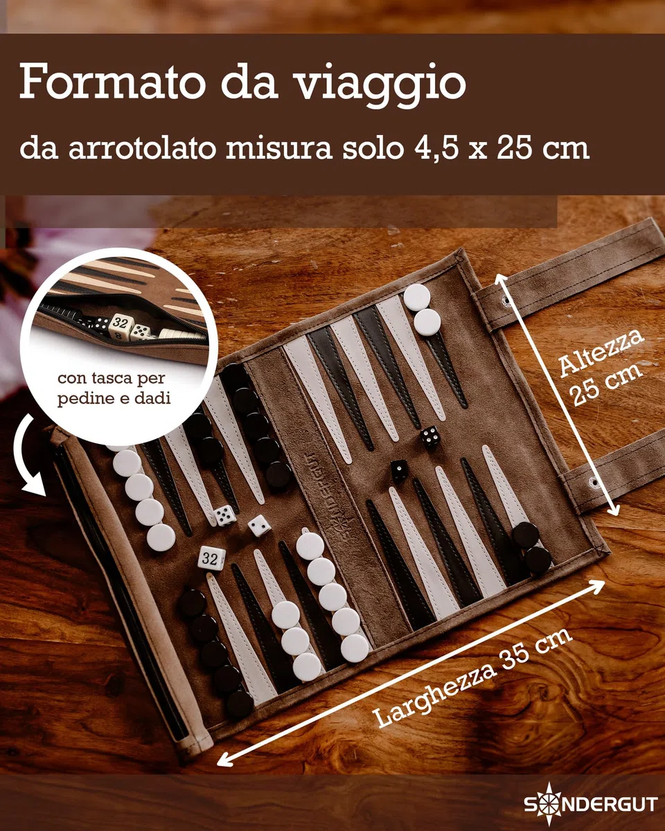Sondergut Backgammon gioco da tavolo Mocca - Avvolgibile, in 100% pelle - L'originale dal 1998 - Perfetta idea regalo per gli appassionati del campeggio e dei viaggi - 25x34cm