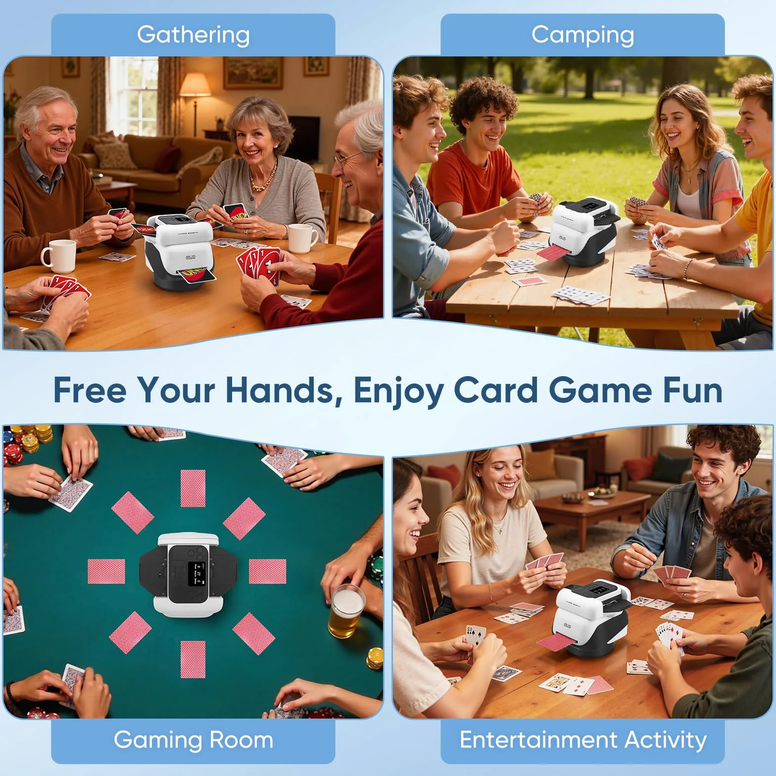 Mescolatore e distributore automatico di carte all-in-one, 5 modalità intelligenti, lanciatore di dadi integrato, ricaricabile, compatibile con carte da poker, blackjack e uno per 2-8 giocatori(2IN1)