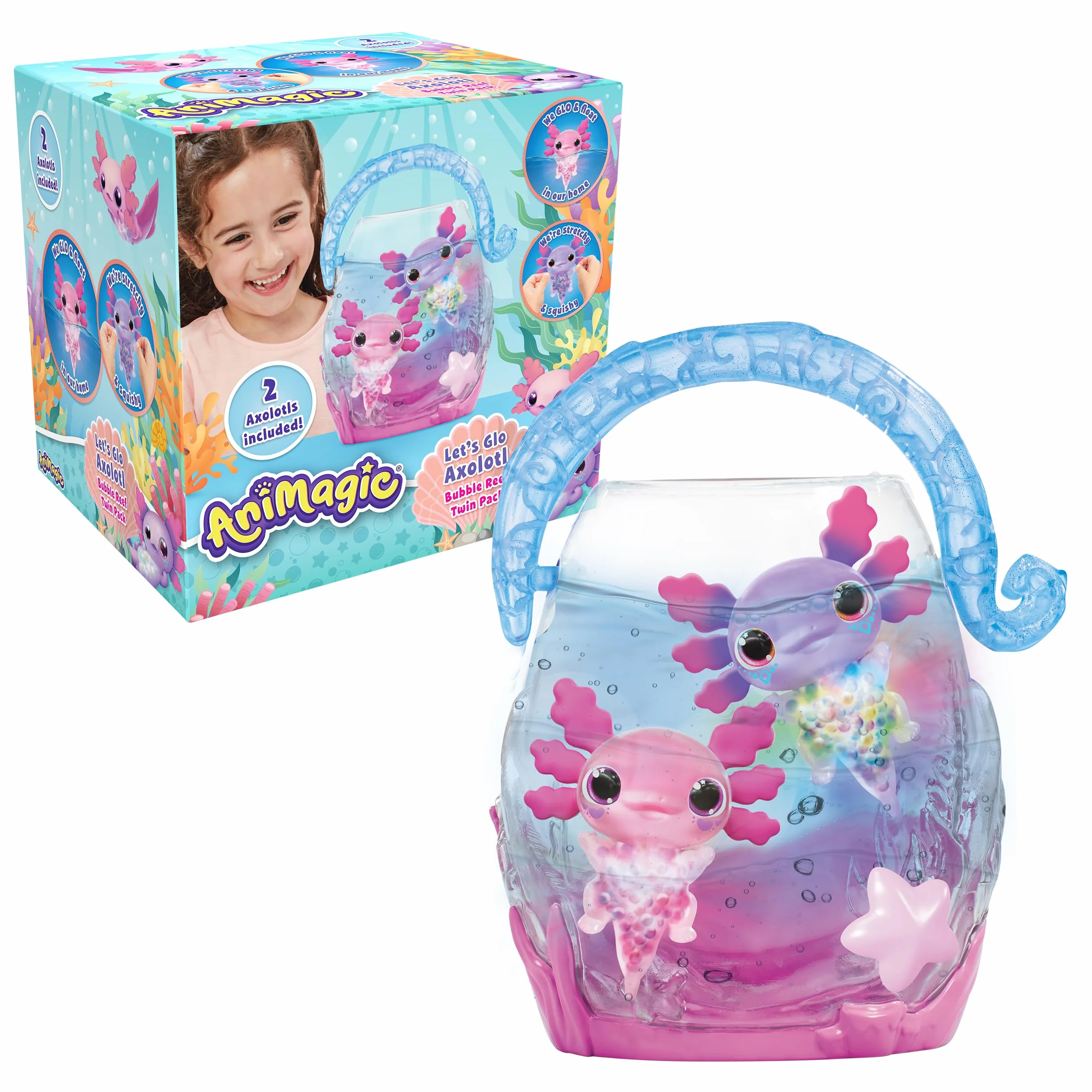 ANIMAGIC Let's Glo Axolotl Bubble Reef Acquario interattivo 2 axolotl rosa viola Compagni elettronici luminosi Gioco sensoriale tattile bambini 4+