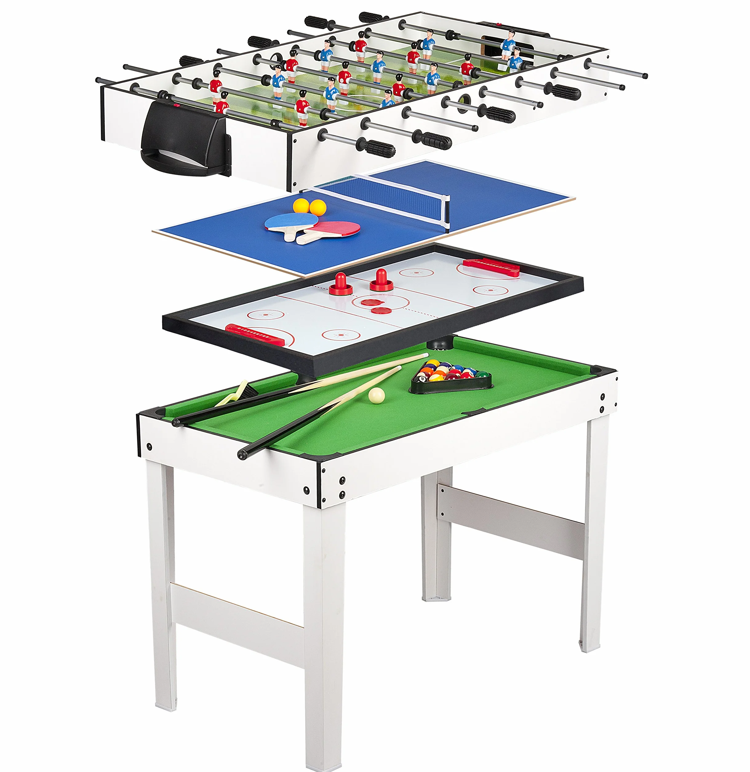Leomark tavolo multigioco 4 in 1 per la casa e scuola, dim. 118cm x 61cm x 82cm (LxPxA) con biliardo pool, hockey, ping pong e calcetto balilla, tavolo da gioco per adulti e bambino