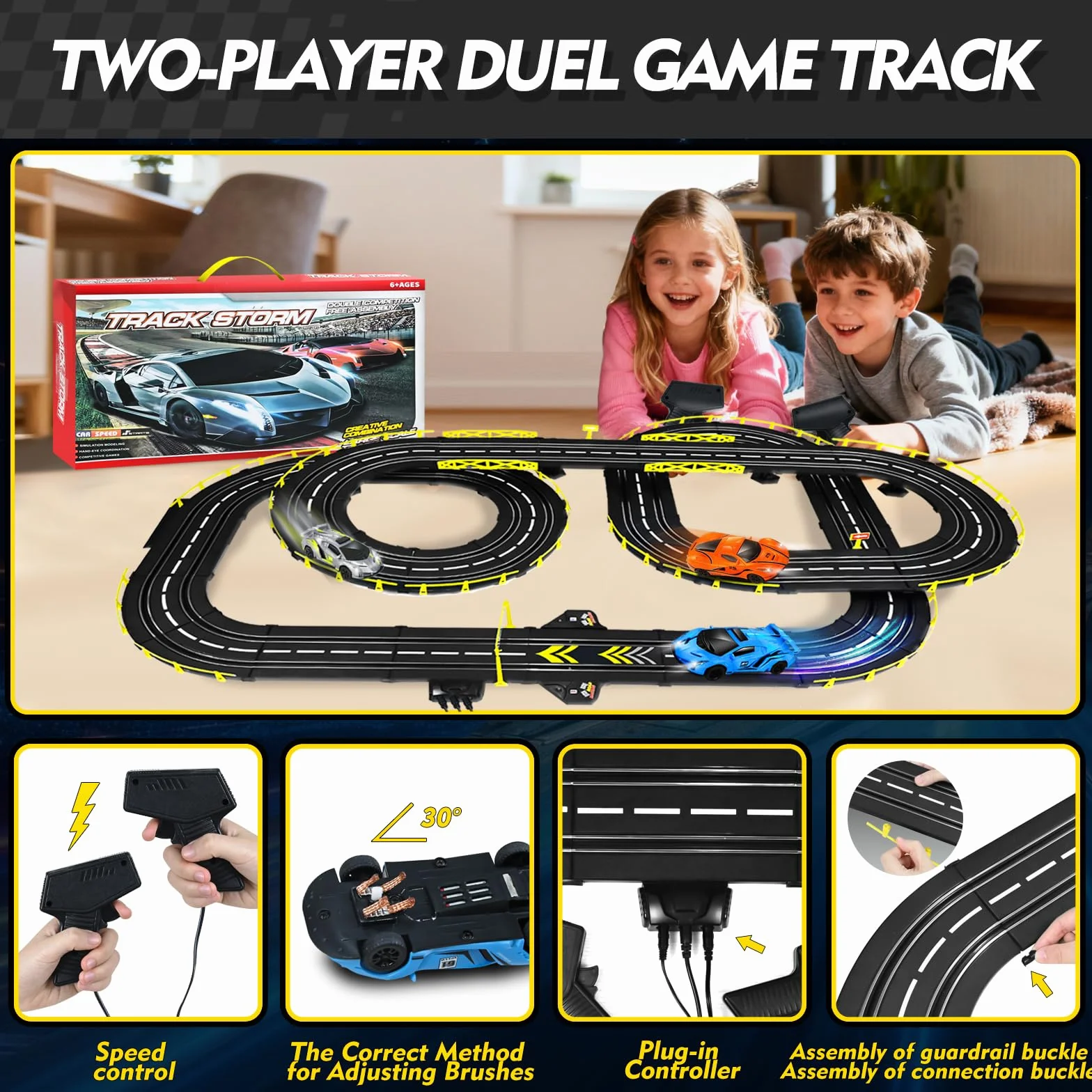 FORMIZON Pista Macchinine Telecomandate per Bambini, Set Pista da Corsa Auto Elettrica con 4 Auto da Corsa e 2 Radiocomandi, Doppia Pista Elettrica Regali Giocattolo Adatti a Bambini dai 6 Anni (B)
